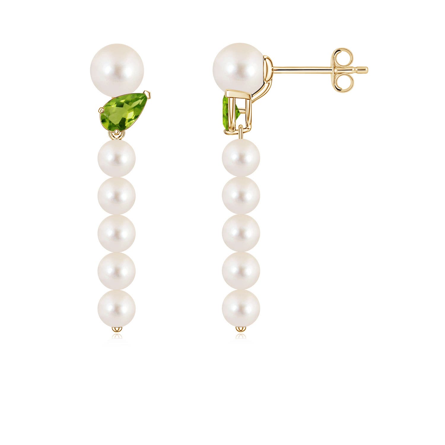 5mm AAAA Freshwater Pearl and Tilted Pear Peridot Dangle Earrings in Yellow Gold