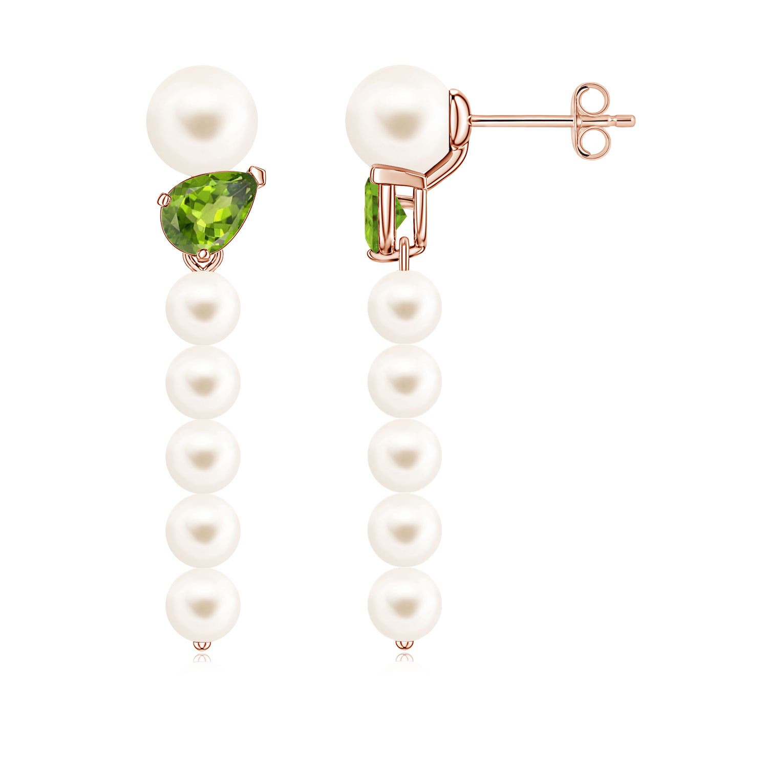 6mm AAA Freshwater Pearl and Tilted Pear Peridot Dangle Earrings in 18K Rose Gold