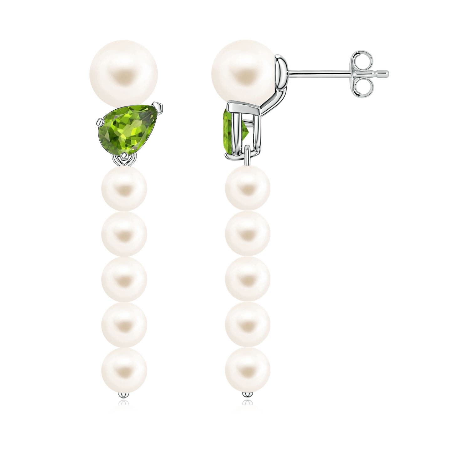 6mm AAA Freshwater Pearl and Tilted Pear Peridot Dangle Earrings in 18K White Gold