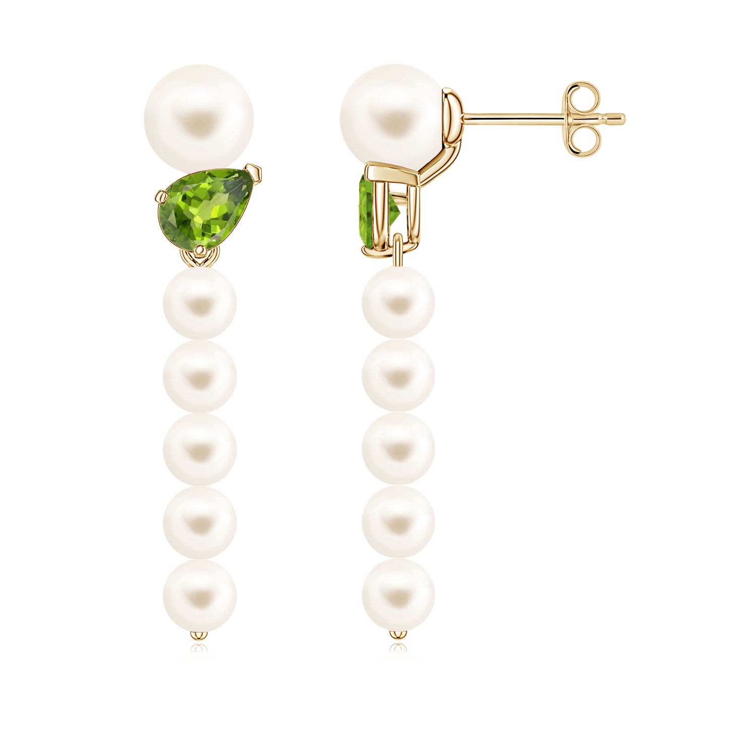 6mm AAA Freshwater Pearl and Tilted Pear Peridot Dangle Earrings in 18K Yellow Gold