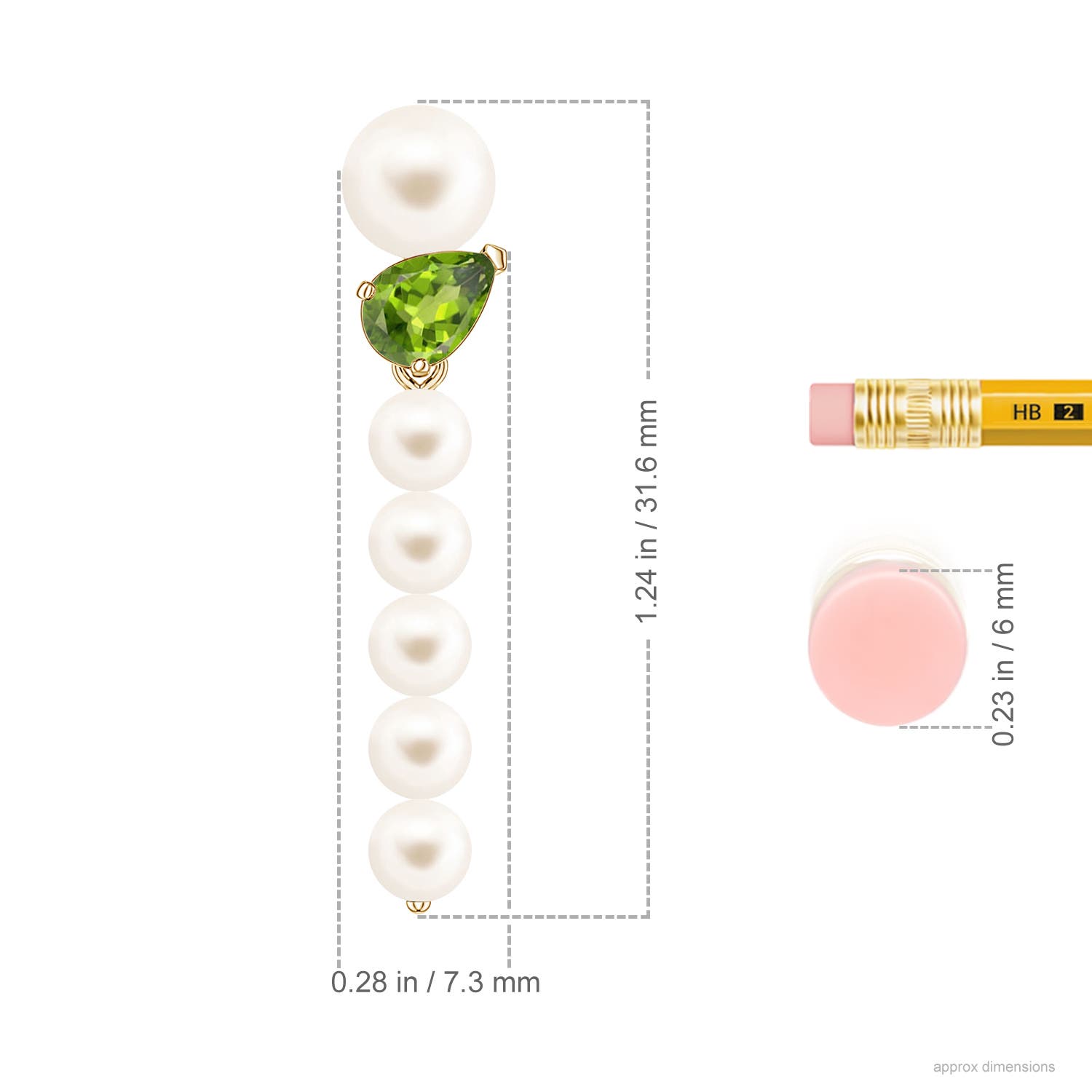 6mm AAA Freshwater Pearl and Tilted Pear Peridot Dangle Earrings in Yellow Gold - ruler