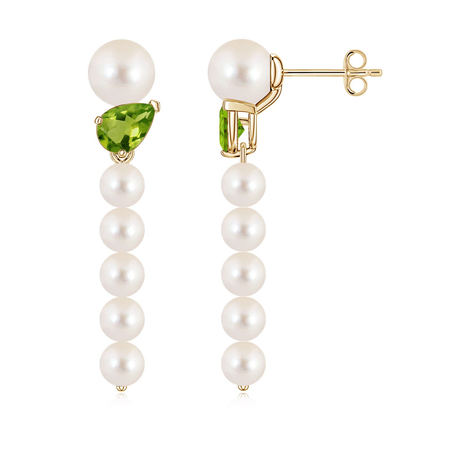 6mm AAAA Freshwater Pearl and Tilted Pear Peridot Dangle Earrings in 18CT Yellow Gold