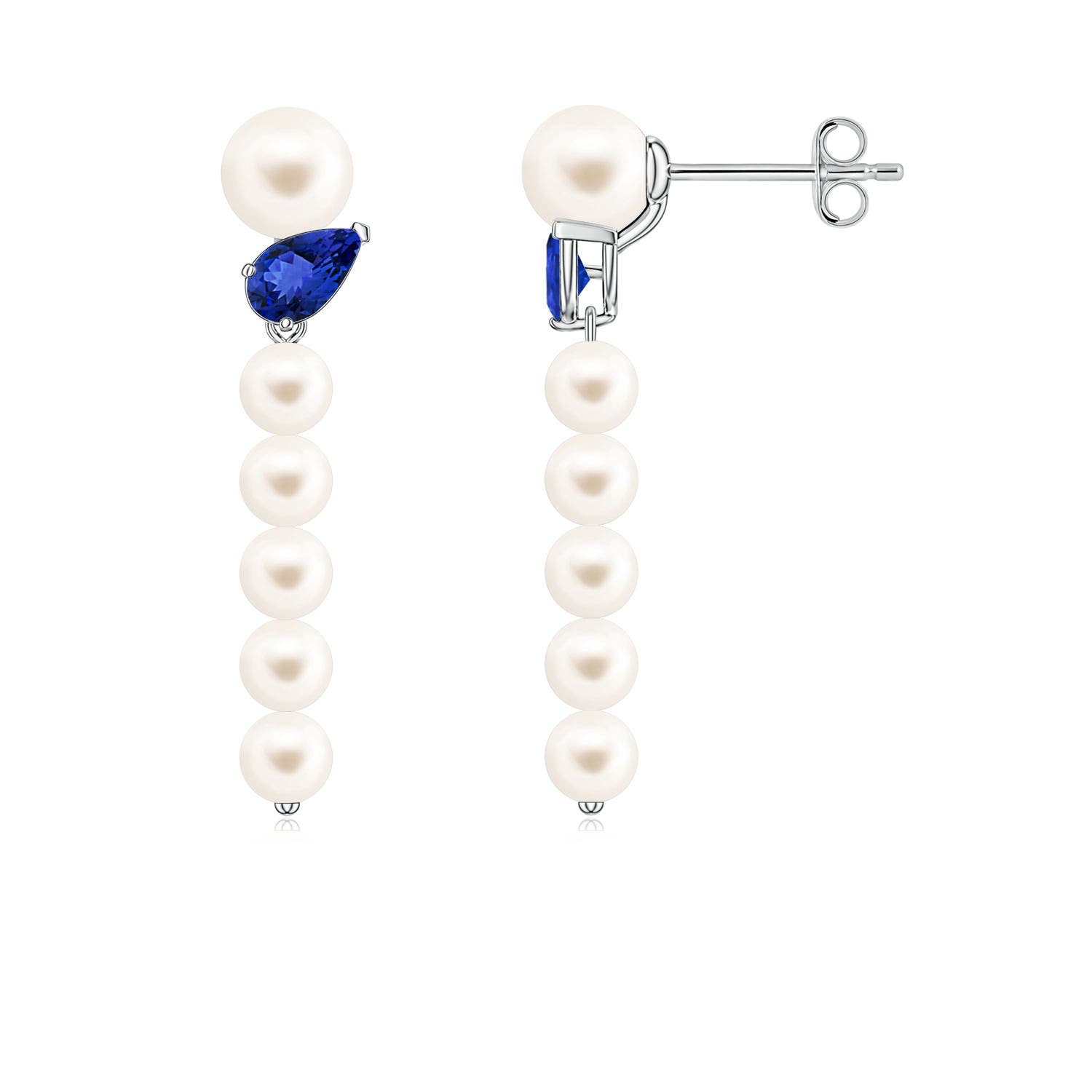 5mm AAA Freshwater Pearl and Tilted Pear Tanzanite Dangle Earrings in White Gold