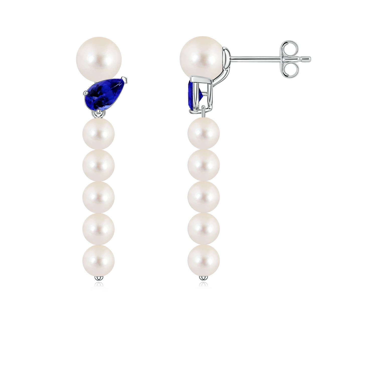 5mm AAAA Freshwater Pearl and Tilted Pear Tanzanite Dangle Earrings in White Gold