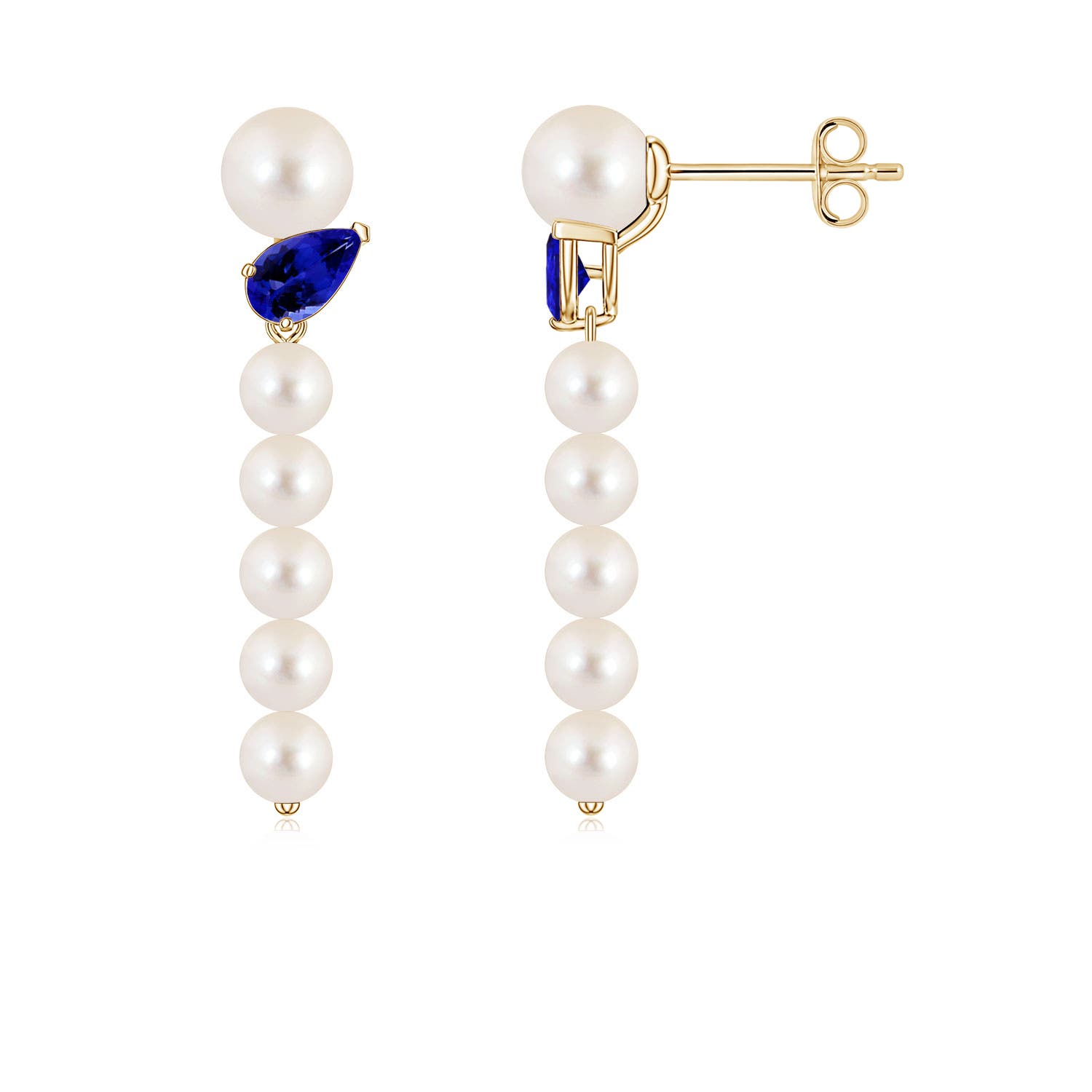 5mm AAAA Freshwater Pearl and Tilted Pear Tanzanite Dangle Earrings in Yellow Gold