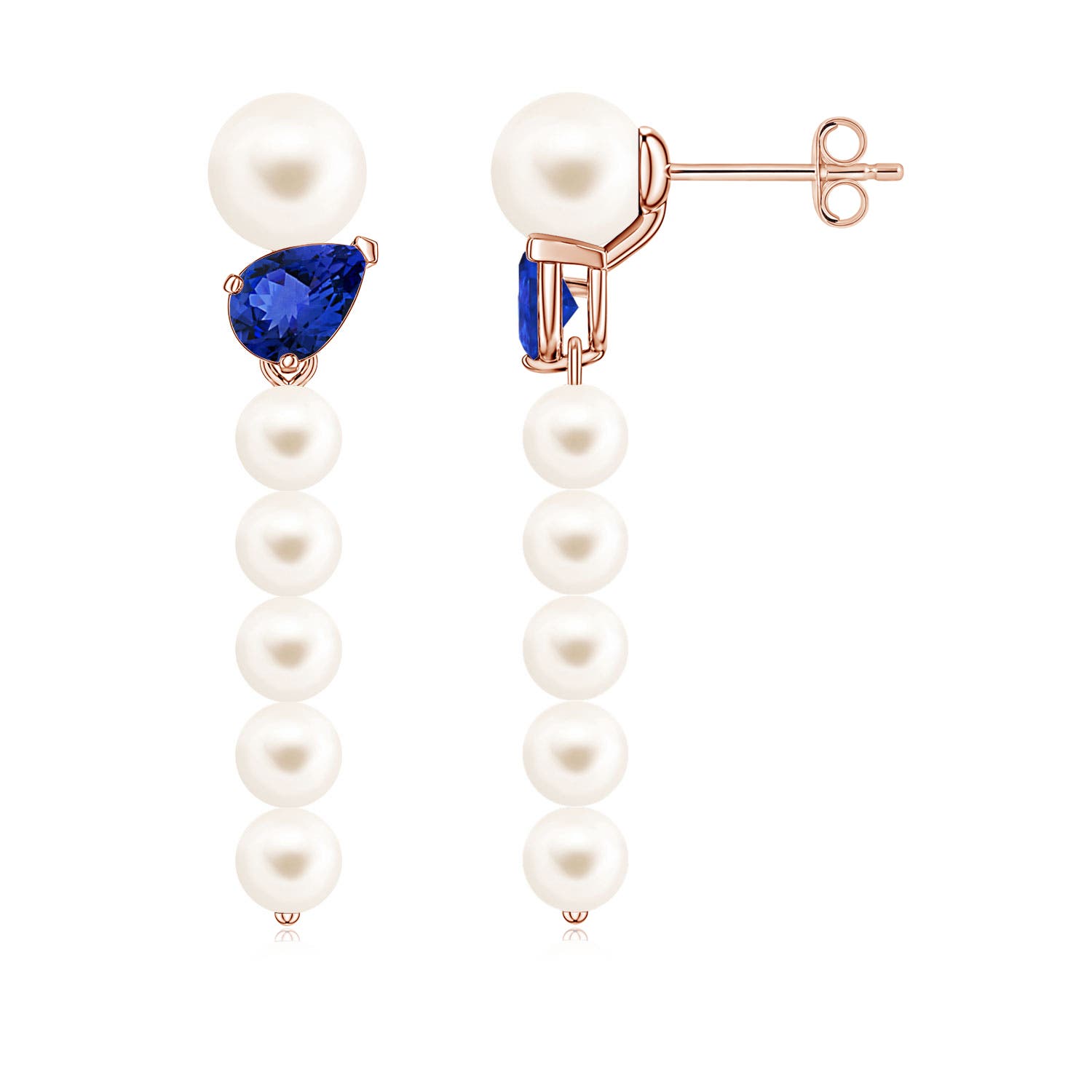 6mm AAA Freshwater Pearl and Tilted Pear Tanzanite Dangle Earrings in 18K Rose Gold