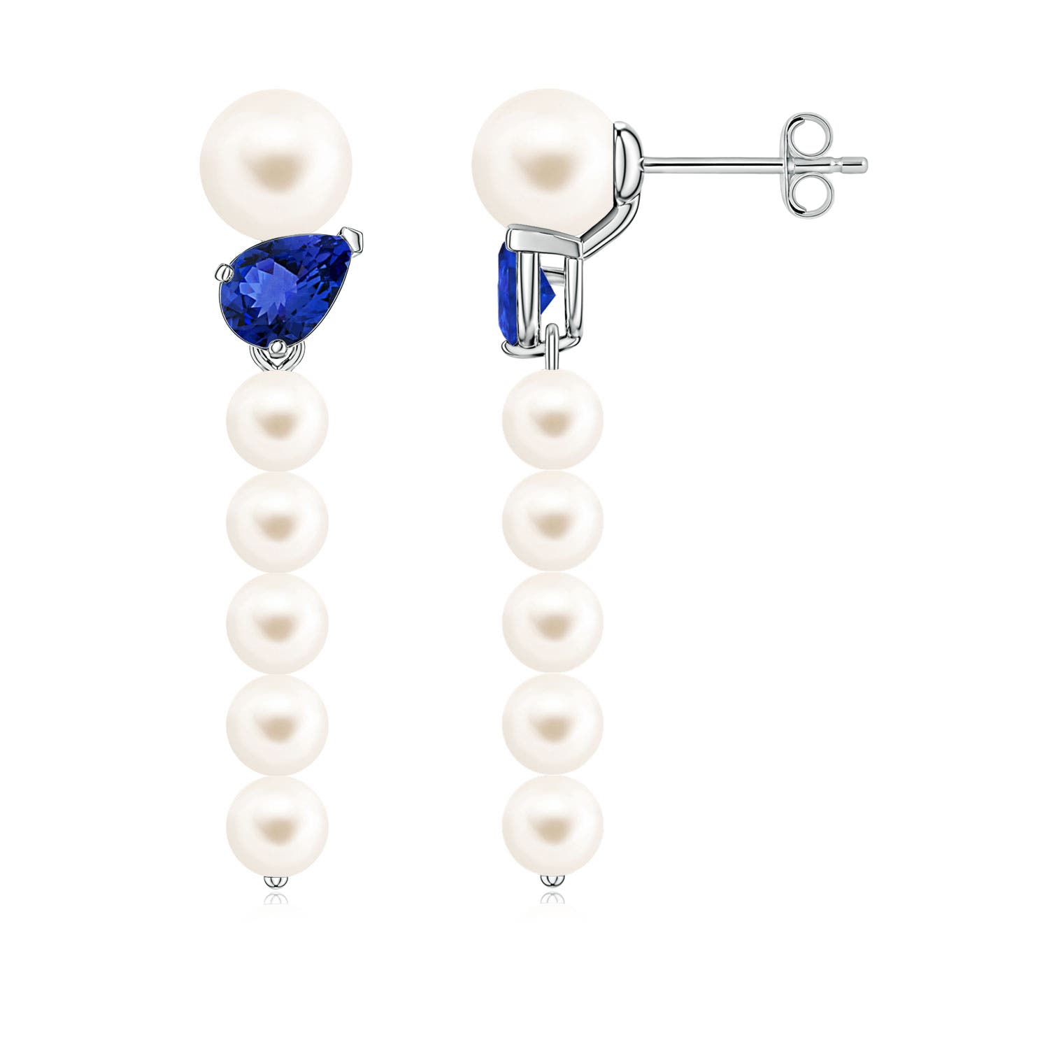 6mm AAA Freshwater Pearl and Tilted Pear Tanzanite Dangle Earrings in 18CT White Gold
