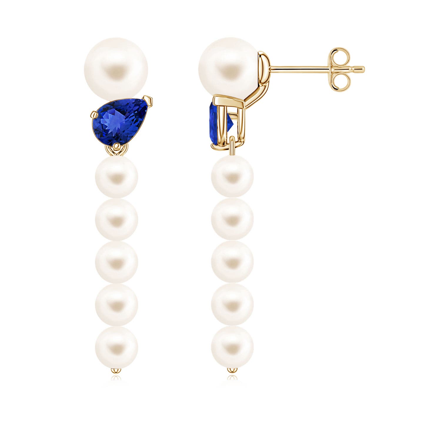 6mm AAA Freshwater Pearl and Tilted Pear Tanzanite Dangle Earrings in Yellow Gold