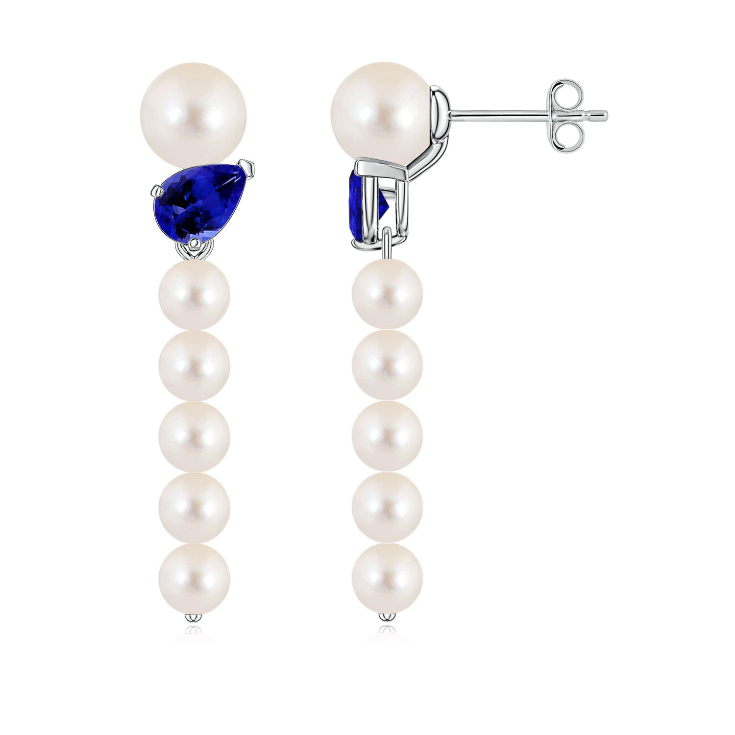6mm AAAA Freshwater Pearl and Tilted Pear Tanzanite Dangle Earrings in 18K White Gold
