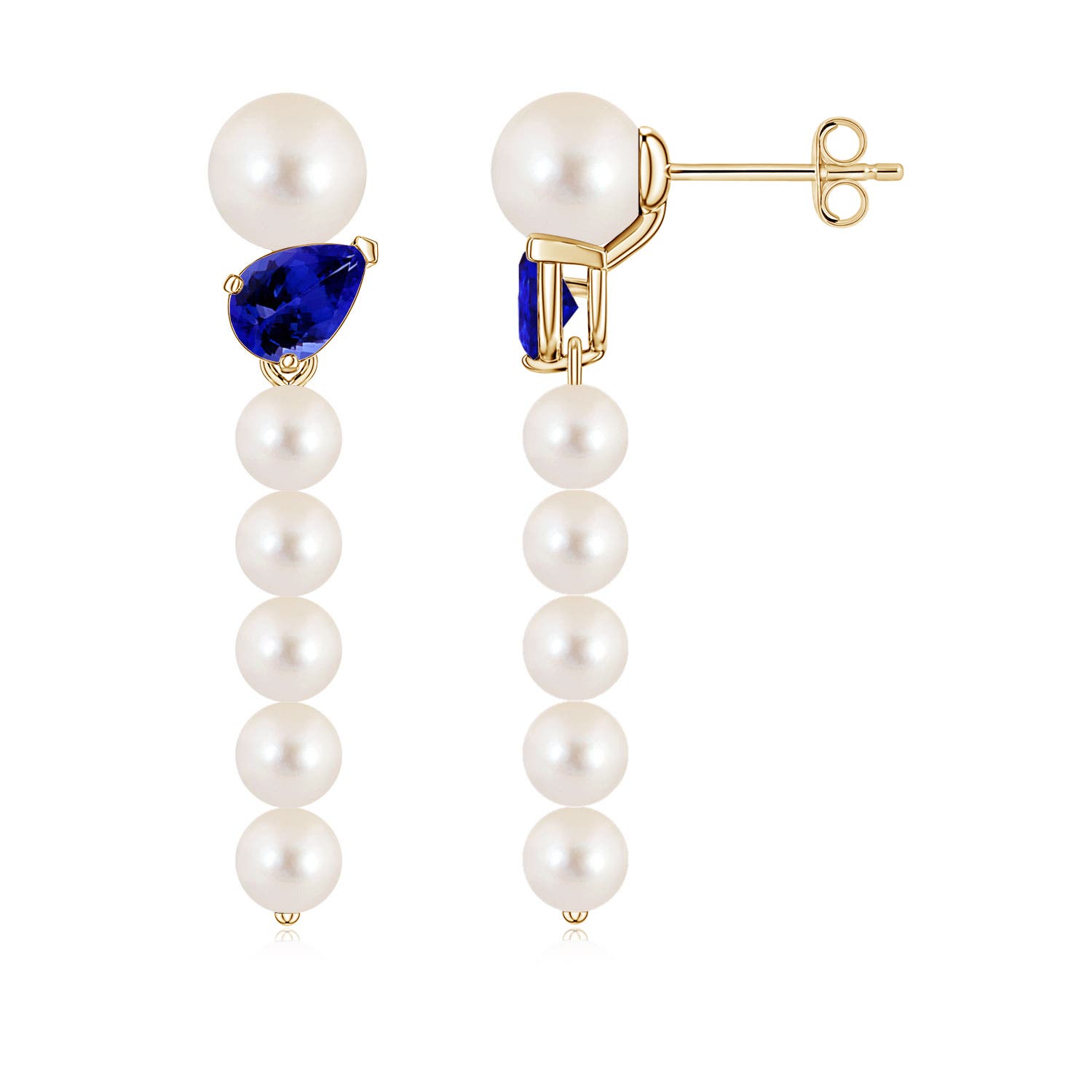 6mm AAAA Freshwater Pearl and Tilted Pear Tanzanite Dangle Earrings in Yellow Gold