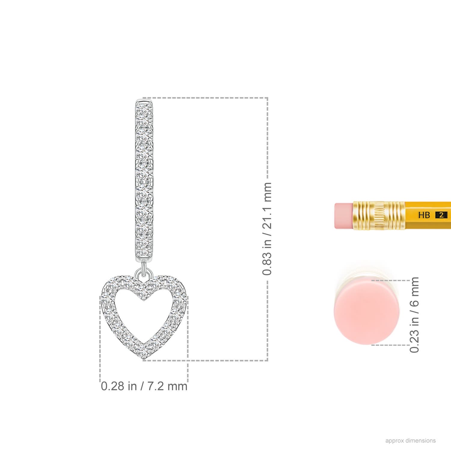 1.1mm HSI2 U-Pavé Diamond Open Heart Hoop Dangle Earrings in S999 Silver - ruler