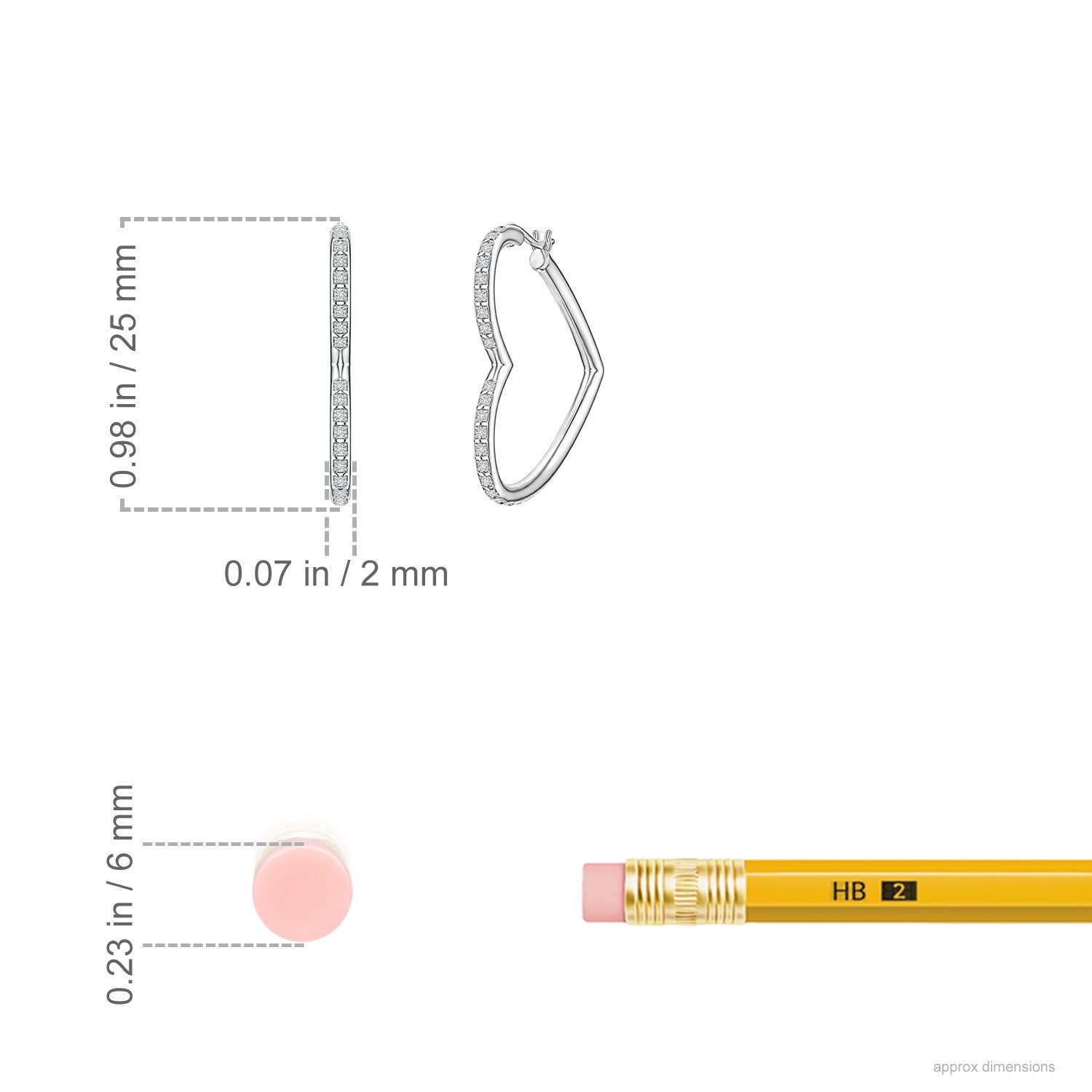 0.9mm HSI2 Pavé Diamond Open Heart Hoop Earrings in S999 Silver - ruler