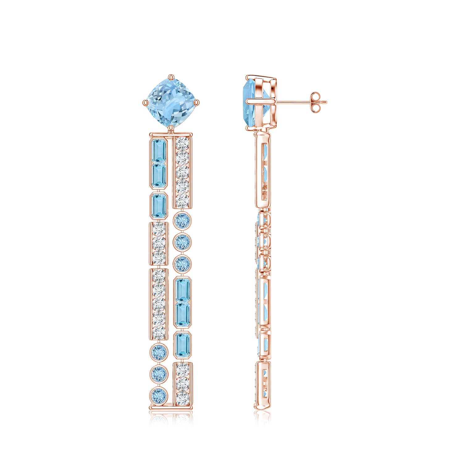 9mm AAAA Lee Harris x Angara Aquamarine and Diamond Modern Art Deco Inspired Linear Drop Earrings in 18K Rose Gold