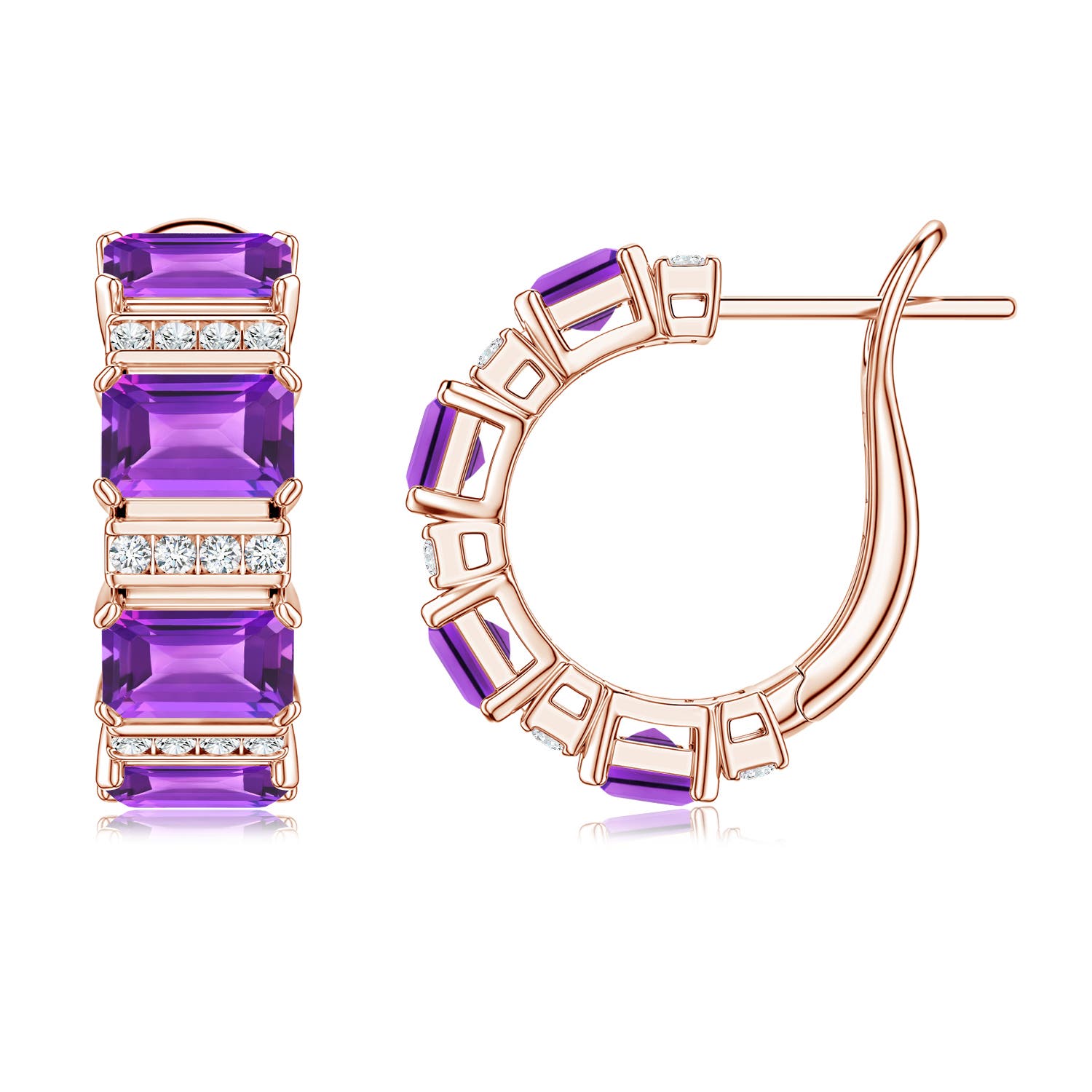 6x4mm AAA Lee Harris x Angara Amethyst and Diamond Modern Art Deco Inspired Hoop Earrings in Rose Gold