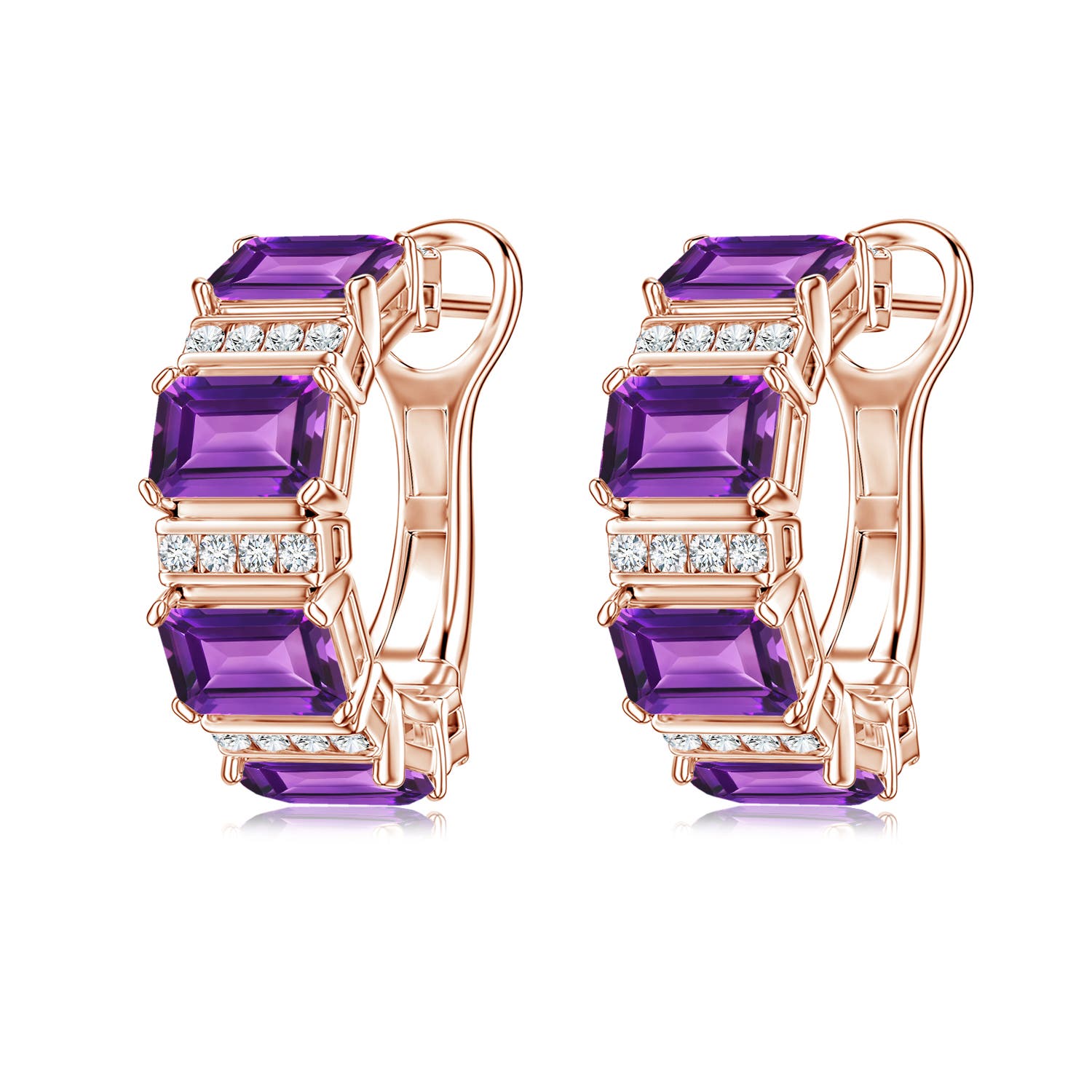 6x4mm AAAA Lee Harris x Angara Amethyst and Diamond Modern Art Deco Inspired Hoop Earrings in Rose Gold