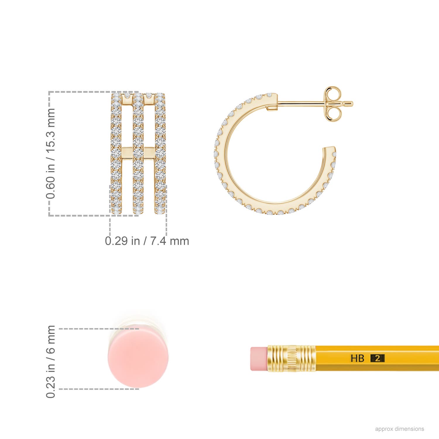 1.2mm HSI2 U-Pavé Diamond Triple-Row Open Hoop Earrings in Yellow Gold - ruler
