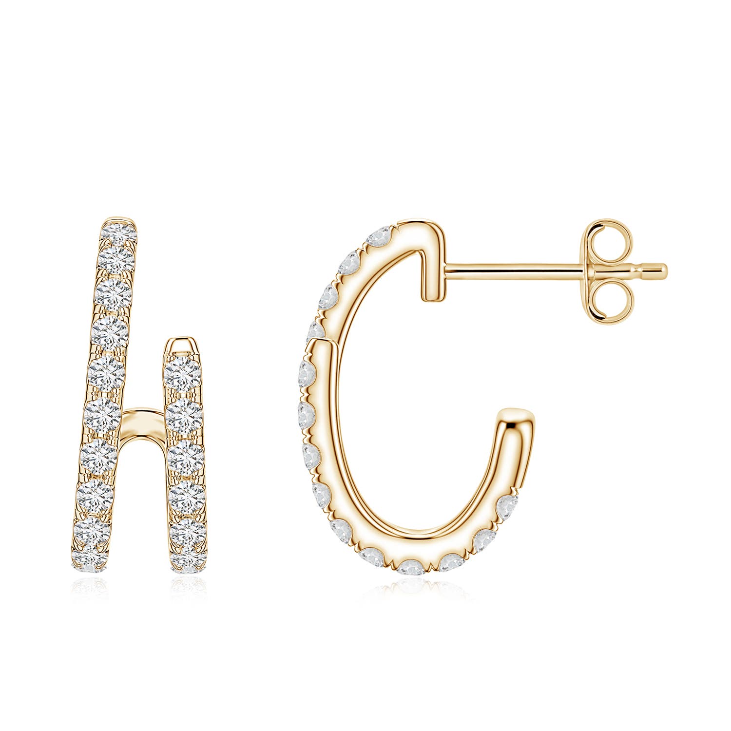 1.5mm HSI2 U-Pavé Diamond Double-Row Asymmetrical Hoop Earrings in Yellow Gold
