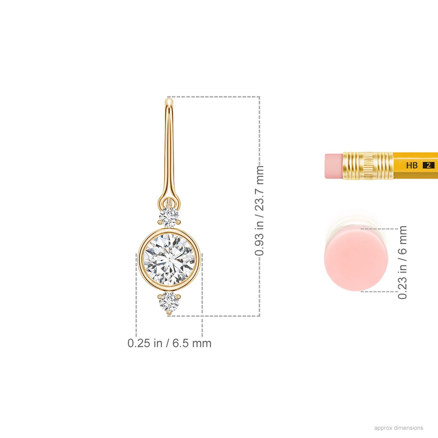 5mm HSI2 Round Diamond Drop Earrings with Accents in Yellow Gold - ruler