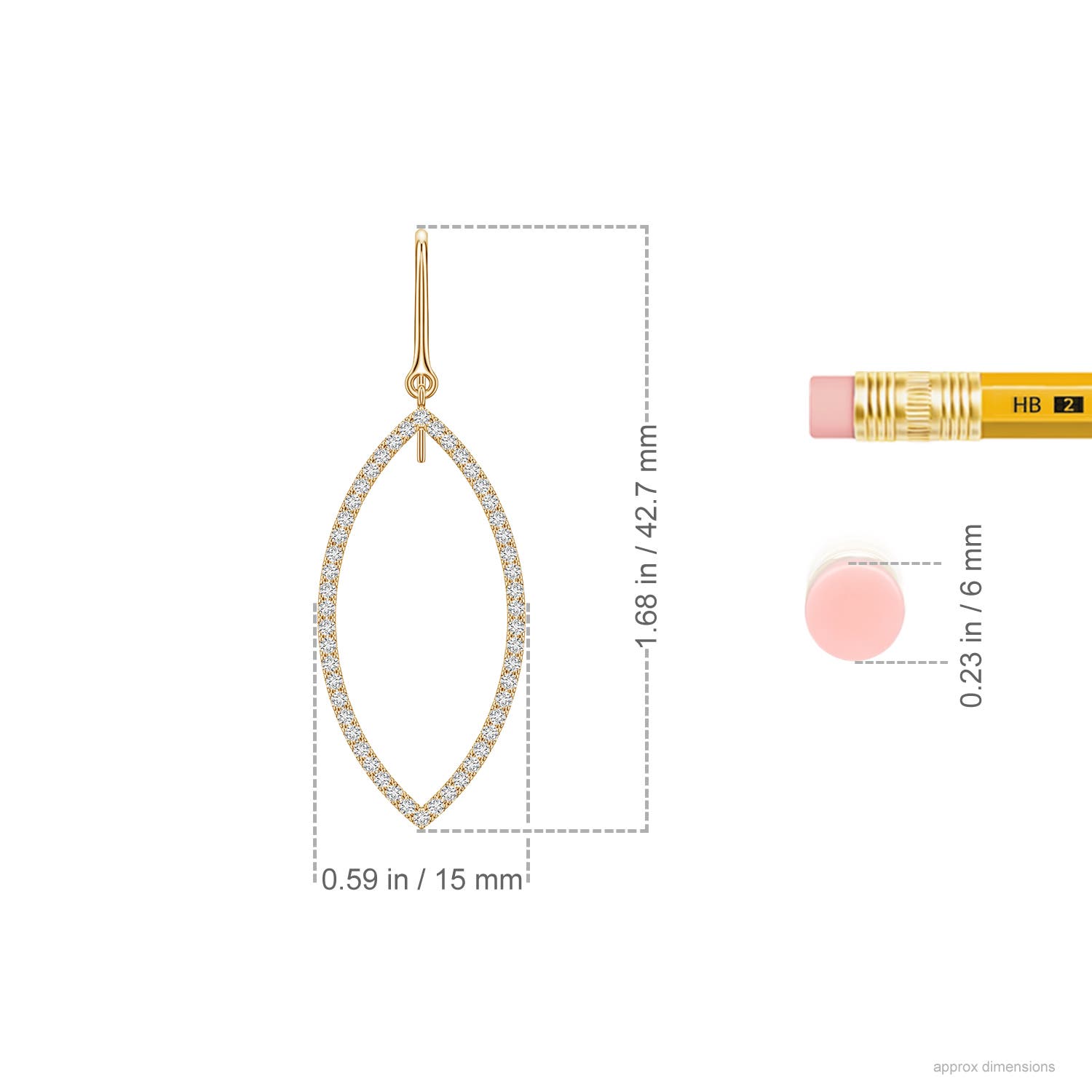 1.1mm HSI2 U-Pavé Diamond Marquise Drop Earrings in Yellow Gold - ruler