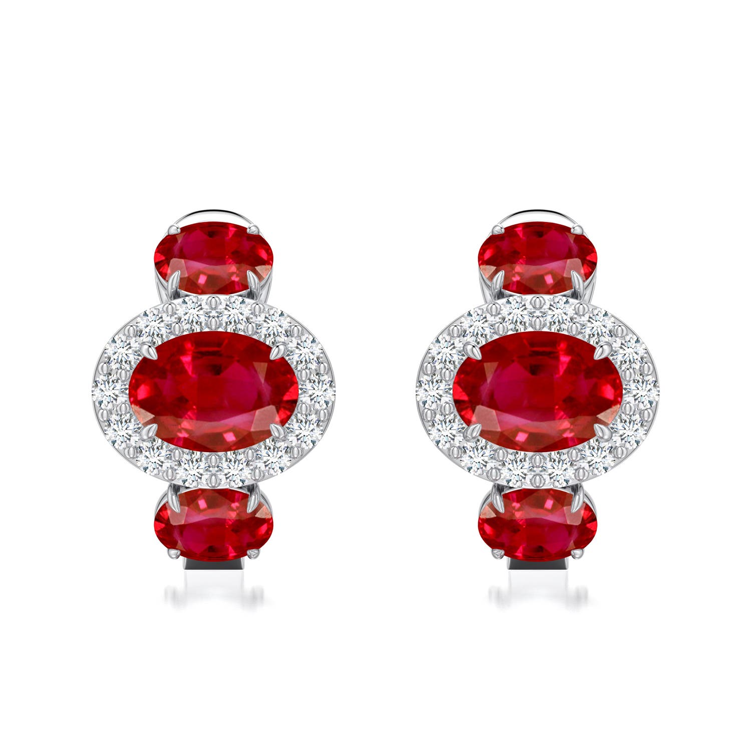 7x5mm AAA East-West Oval Ruby Halo Earrings in White Gold