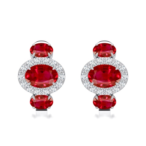 7x5mm AAA East-West Oval Ruby Halo Earrings in White Gold