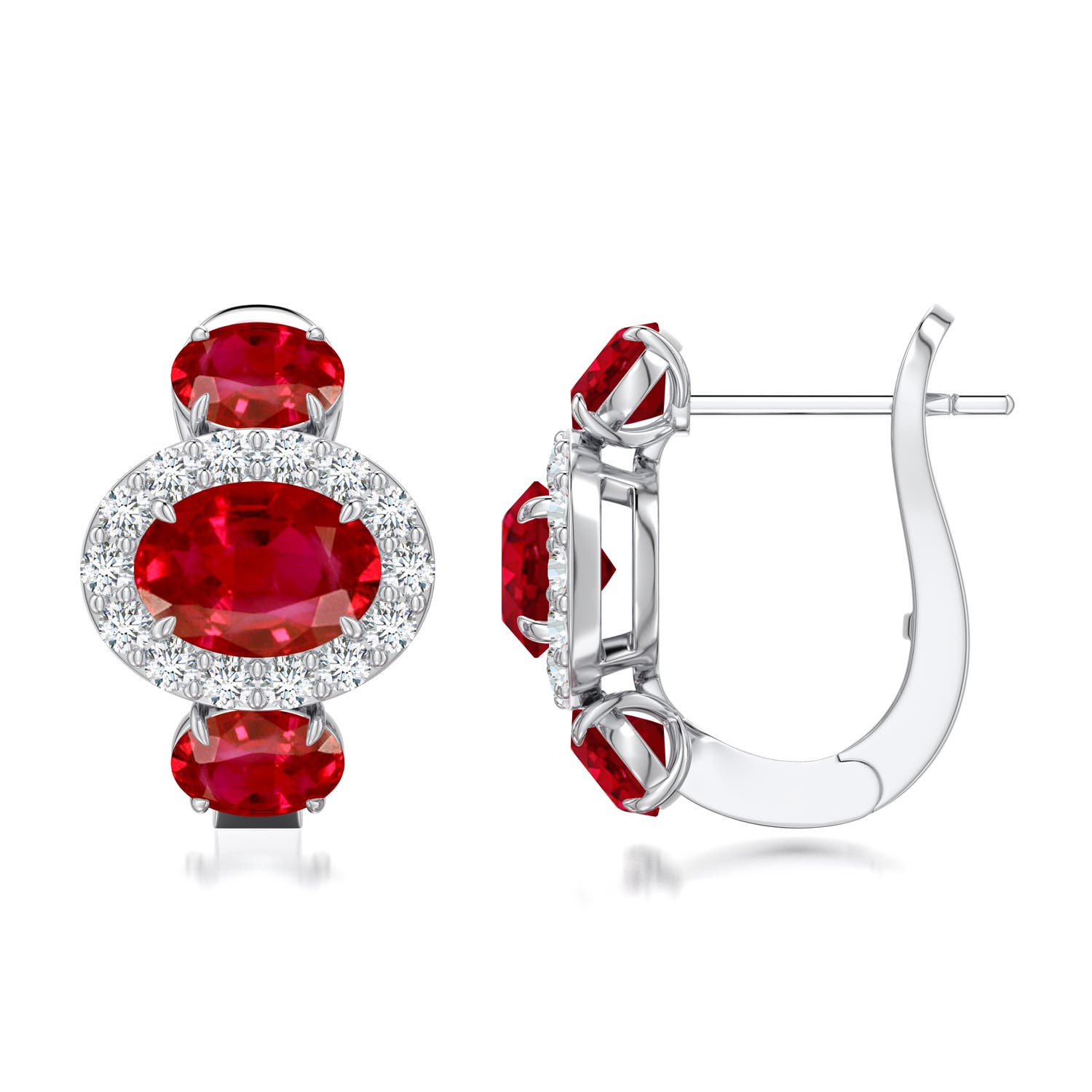 7x5mm AAA East-West Oval Ruby Halo Earrings in White Gold - side 3
