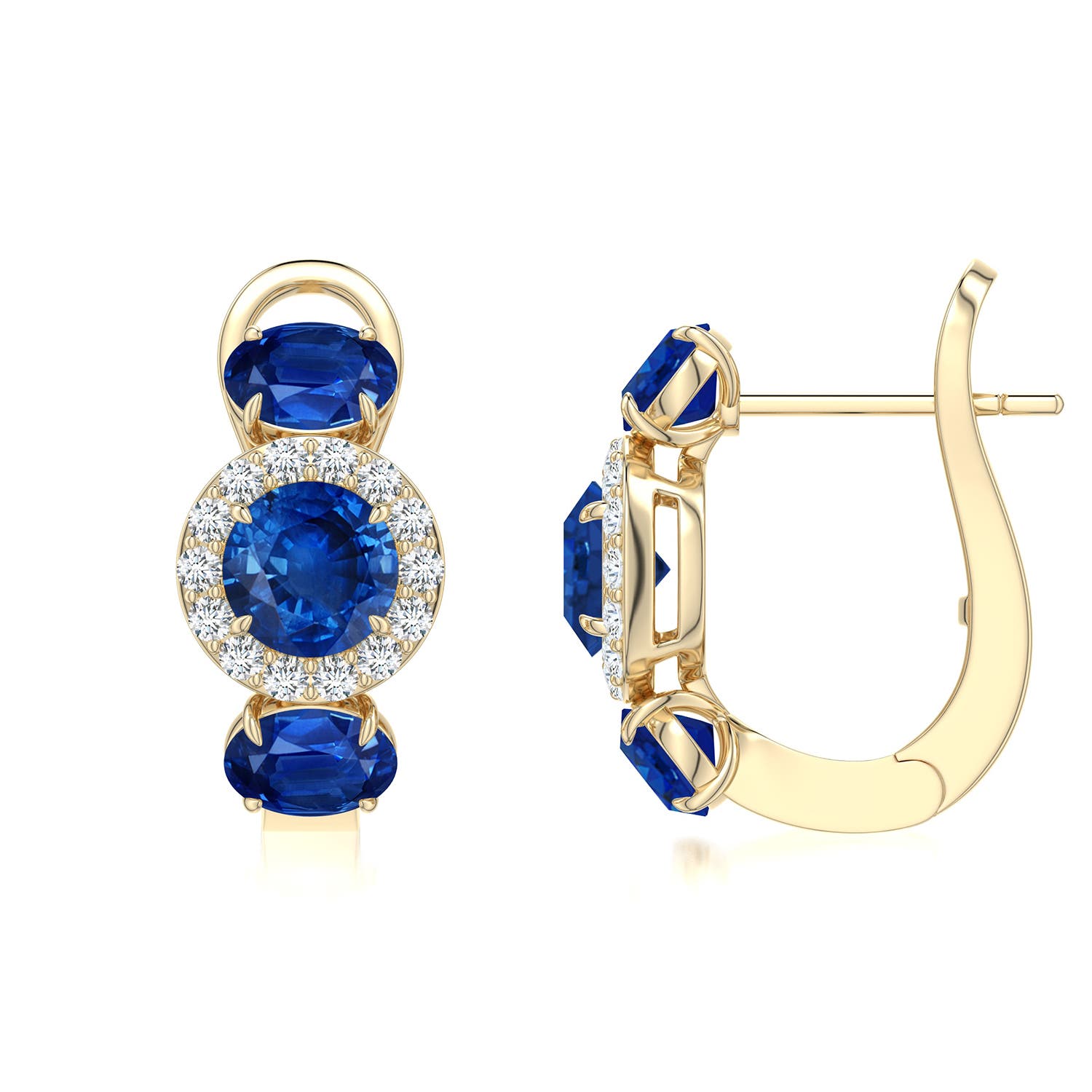 5mm AAA Claw Prong Round Emerald Halo Earrings in Yellow Gold - side 2