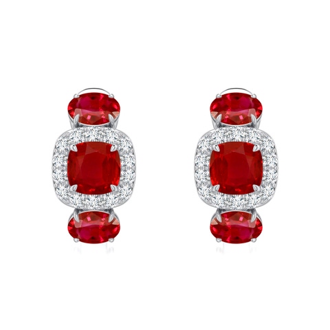 5mm AAA Claw Prong Cushion Ruby Halo Earrings in White Gold