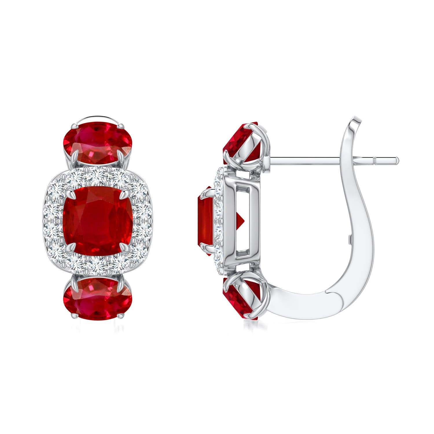 5mm AAA Claw Prong Cushion Ruby Halo Earrings in White Gold - side 3