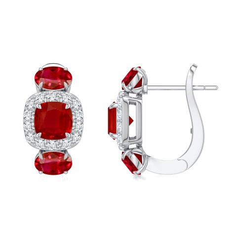 5mm AAA Claw Prong Cushion Ruby Halo Earrings in White Gold - side 3