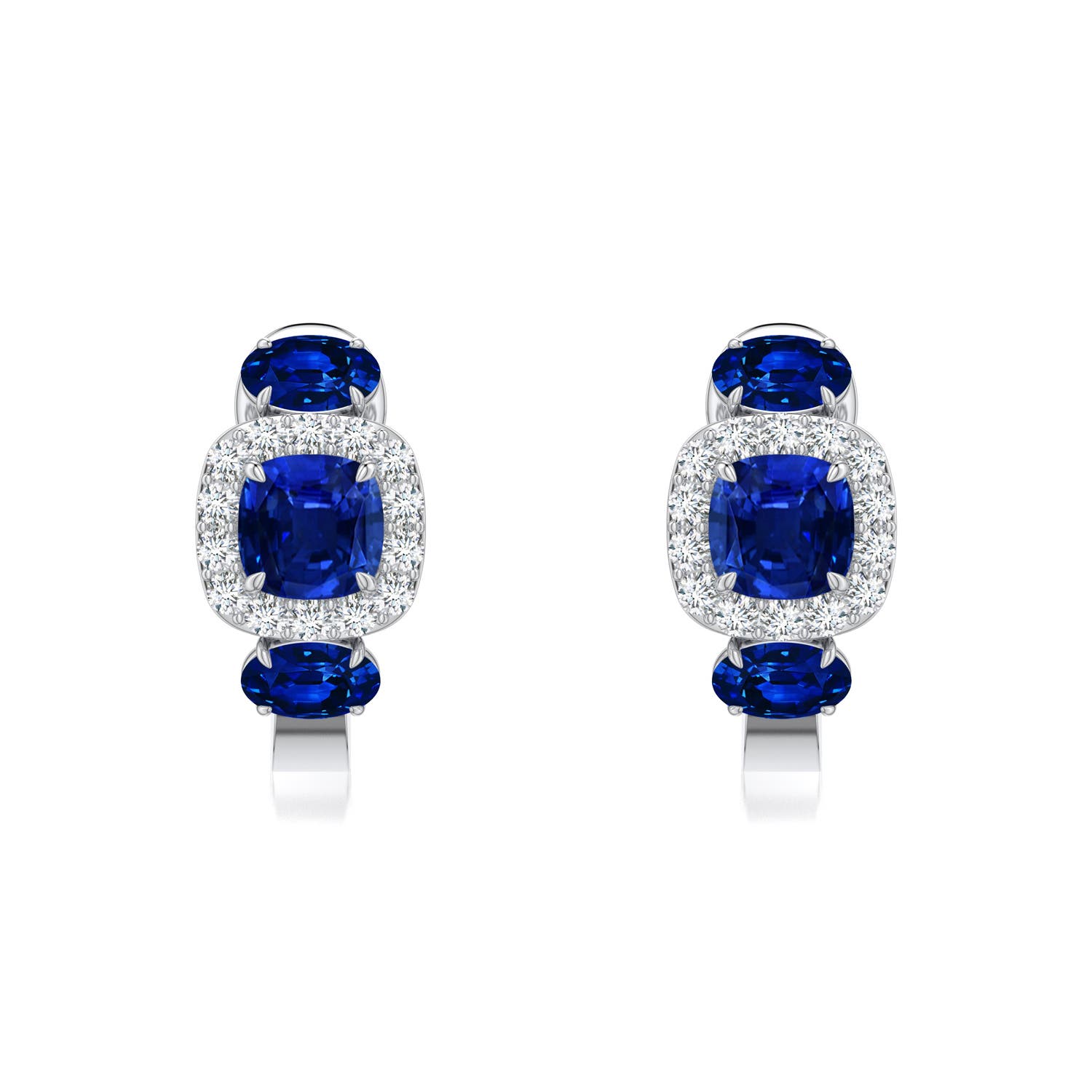 4mm AAAA Claw Prong Cushion Blue Sapphire Halo Earrings in White Gold
