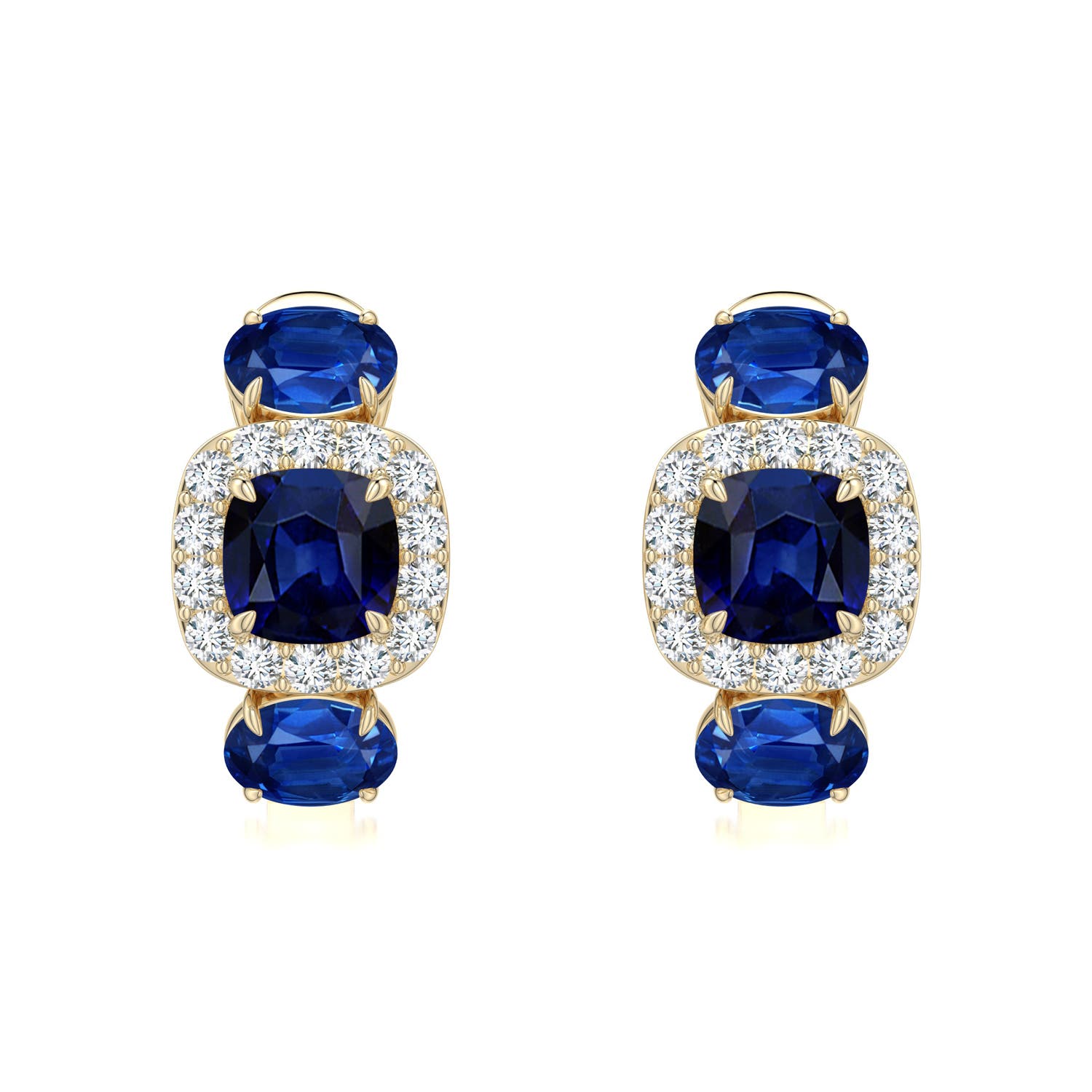 5mm AAA Claw Prong Cushion Blue Sapphire Halo Earrings in Yellow Gold