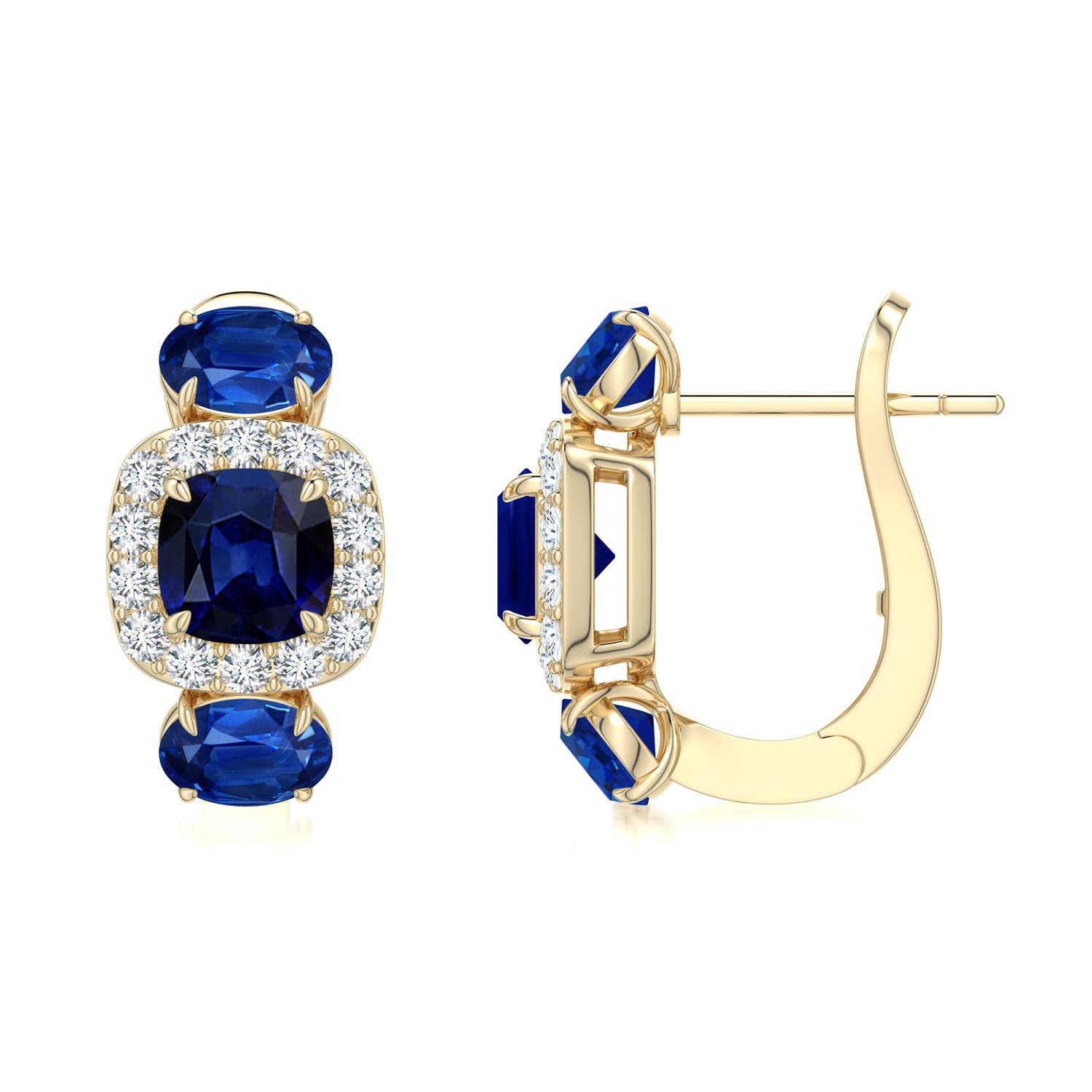 5mm AAA Claw Prong Cushion Blue Sapphire Halo Earrings in Yellow Gold - side 2