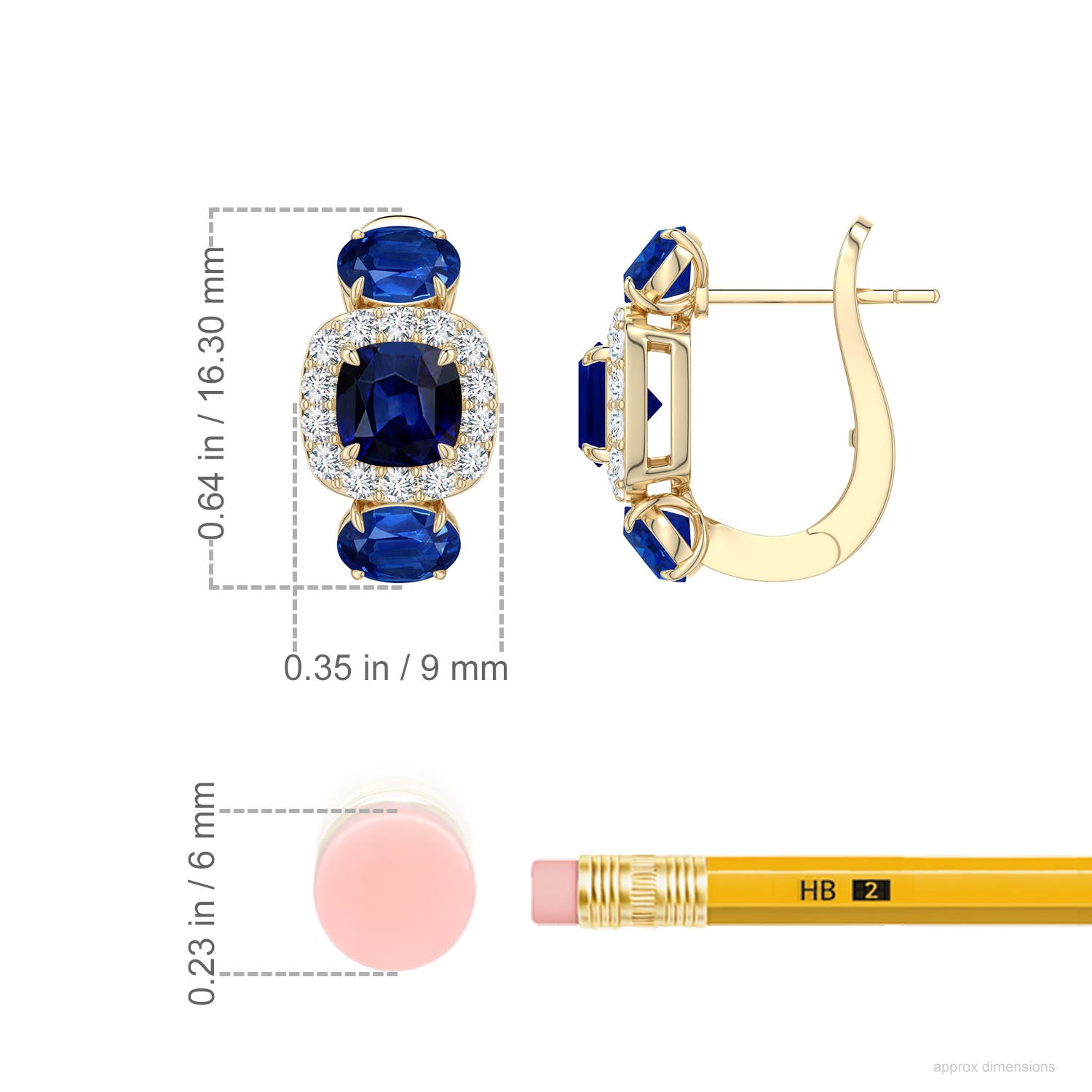 5mm AAA Claw Prong Cushion Blue Sapphire Halo Earrings in Yellow Gold - ruler