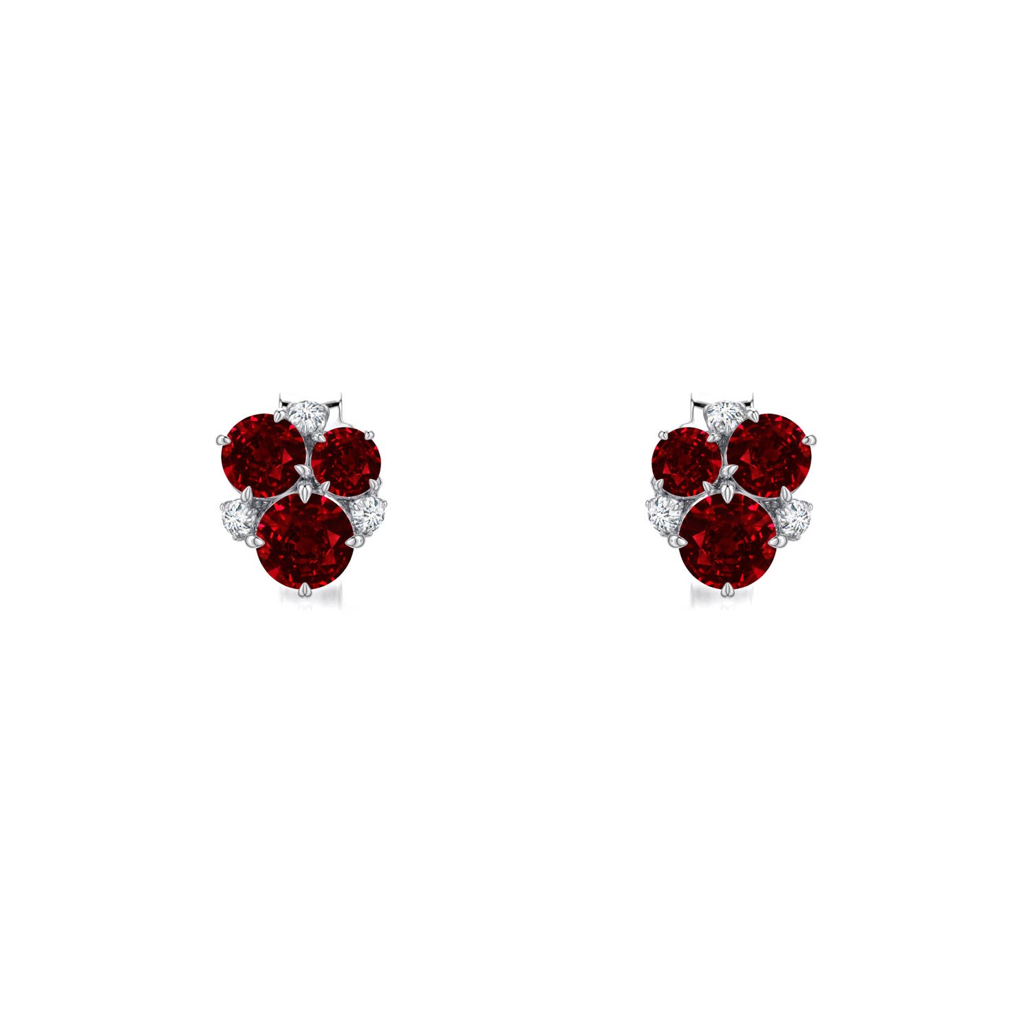 3mm AAAA Multi-Size Round Ruby Asymmetric Stud Earrings in White Gold