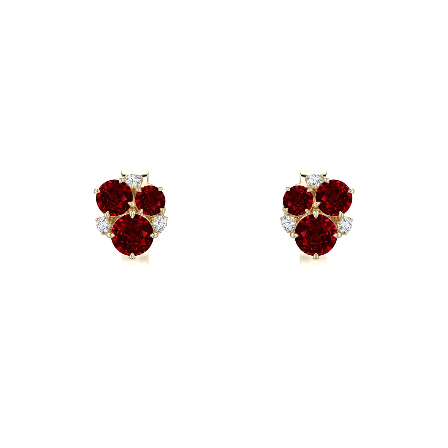 3mm AAAA Multi-Size Round Ruby Asymmetric Stud Earrings in Yellow Gold