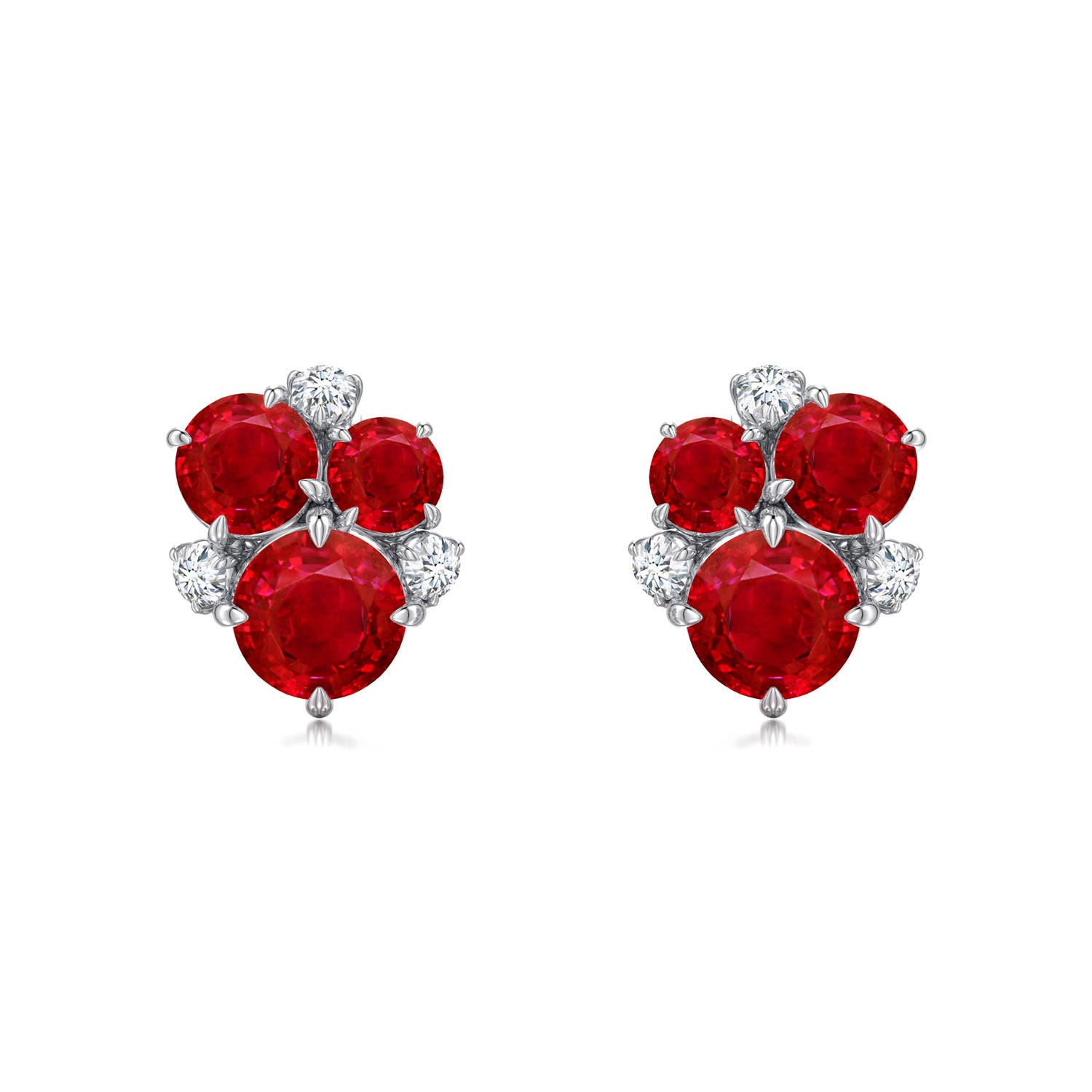5mm AAA Multi-Size Round Ruby Asymmetric Stud Earrings in White Gold