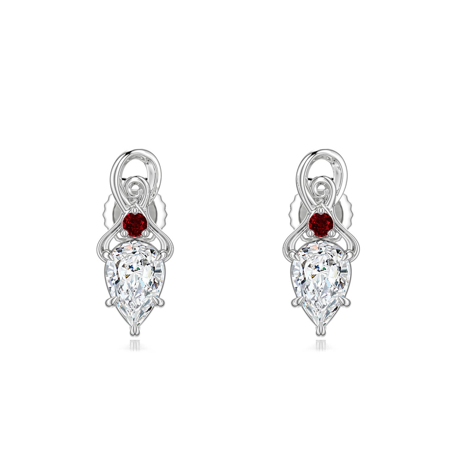 Angara 0.87 Ctw Inverted Pear Diamond Swirl Earrings With Ruby Accent In Metallic