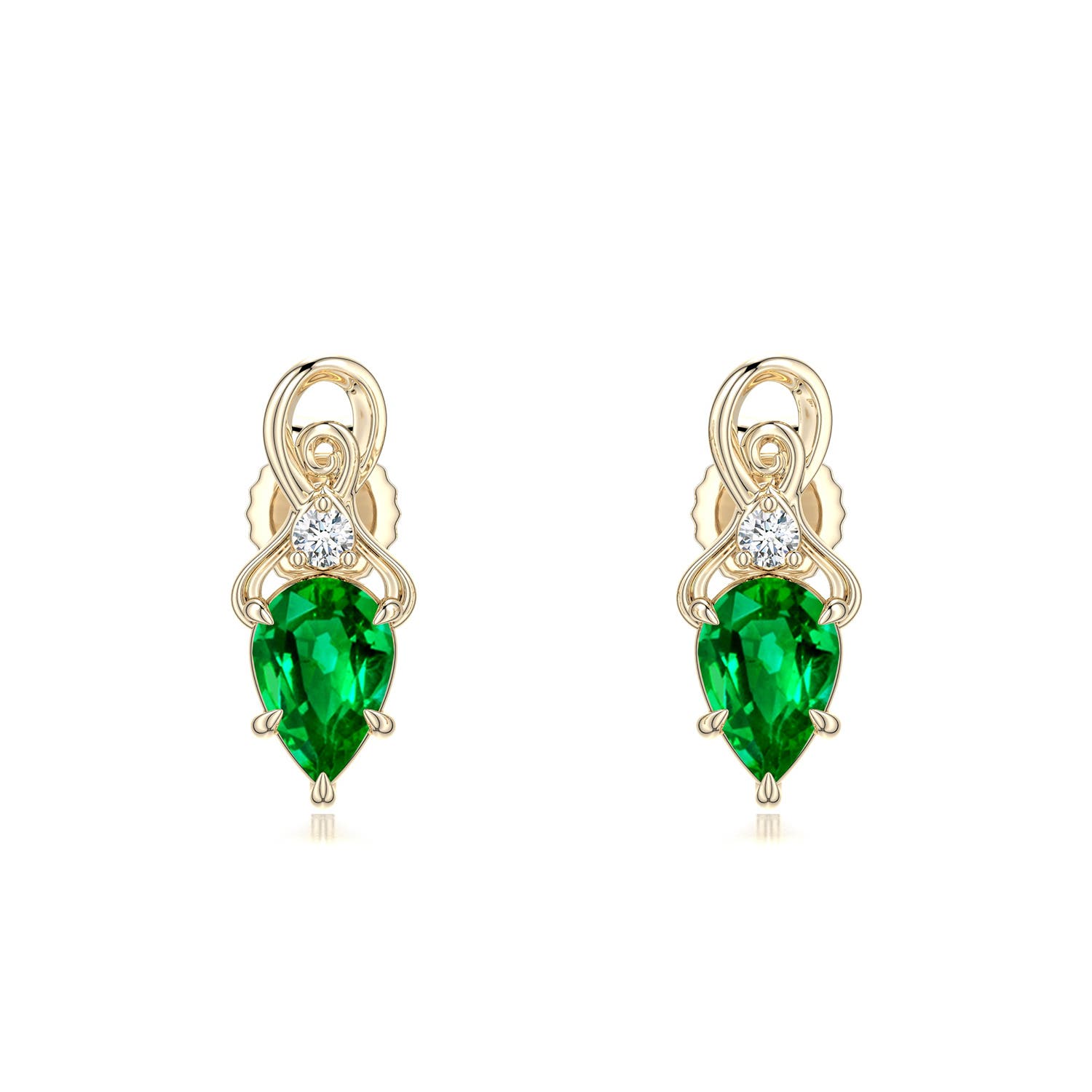 6x4mm AAAA Inverted Pear Emerald Swirl Earrings with Diamond Accent in Yellow Gold