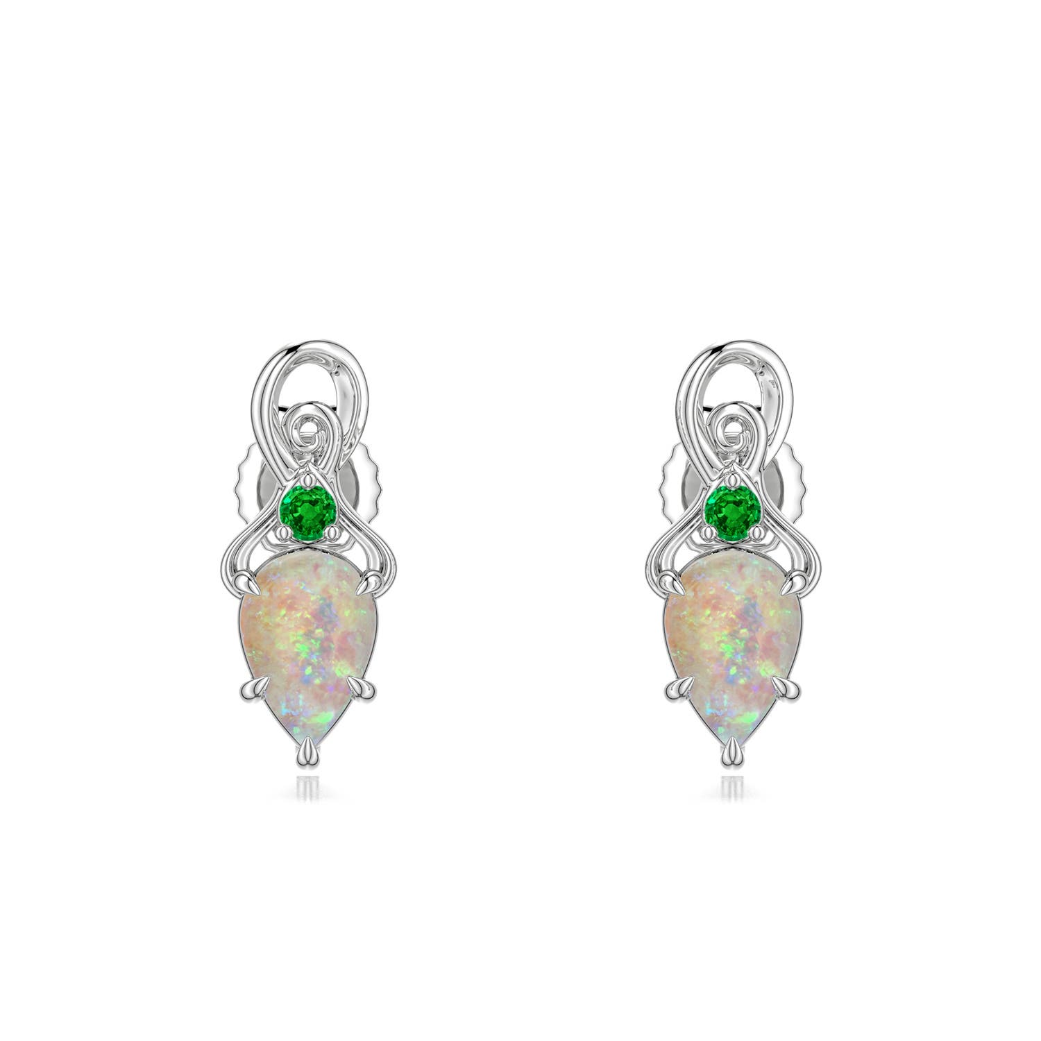 6x4mm AAAA Inverted Pear Opal Swirl Earrings with Emerald Accent in S999 Silver