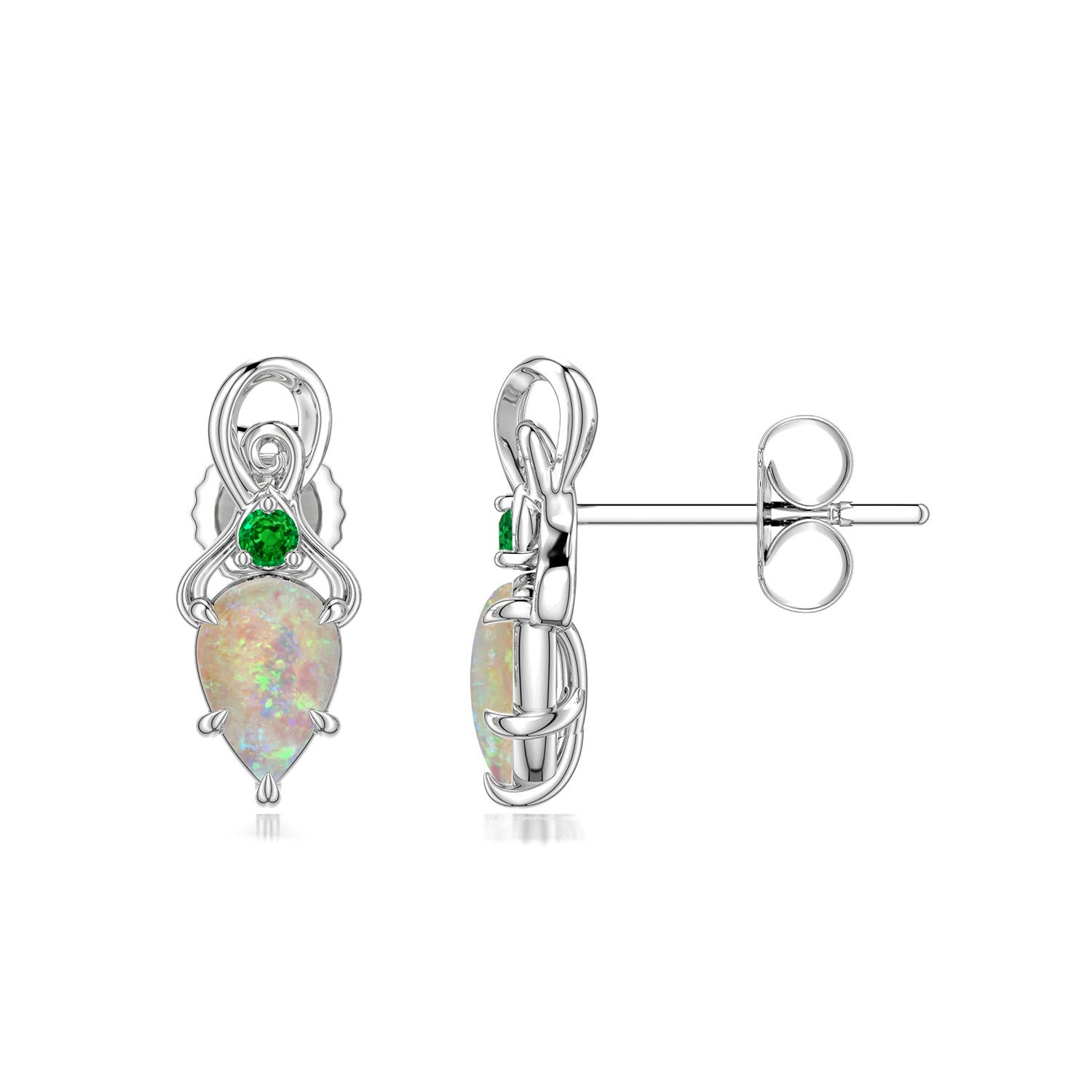 6x4mm AAAA Inverted Pear Opal Swirl Earrings with Emerald Accent in S999 Silver