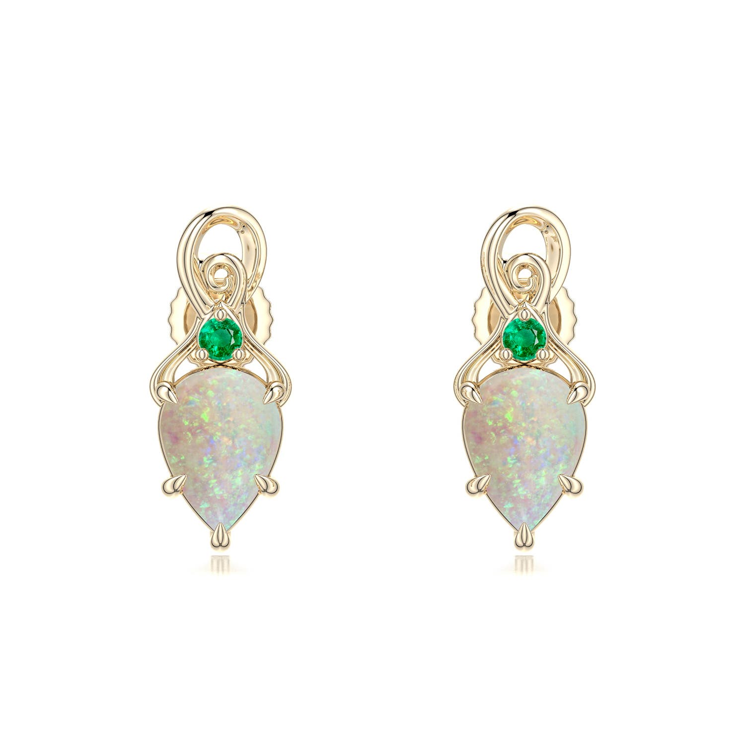 7x5mm AAA Inverted Pear Opal Swirl Earrings with Emerald Accent in Yellow Gold