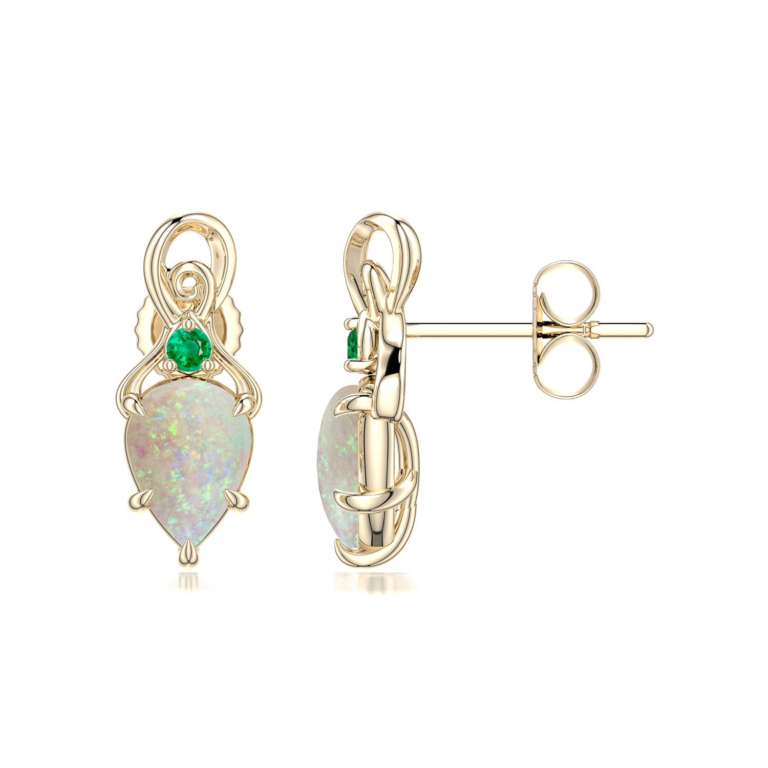 7x5mm AAA Inverted Pear Opal Swirl Earrings with Emerald Accent in Yellow Gold