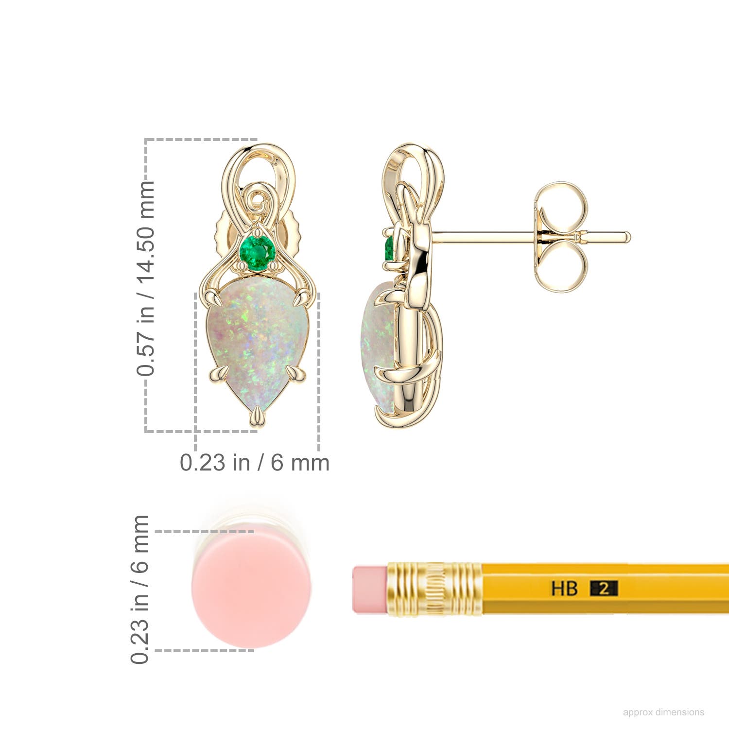 7x5mm AAA Inverted Pear Opal Swirl Earrings with Emerald Accent in Yellow Gold - ruler