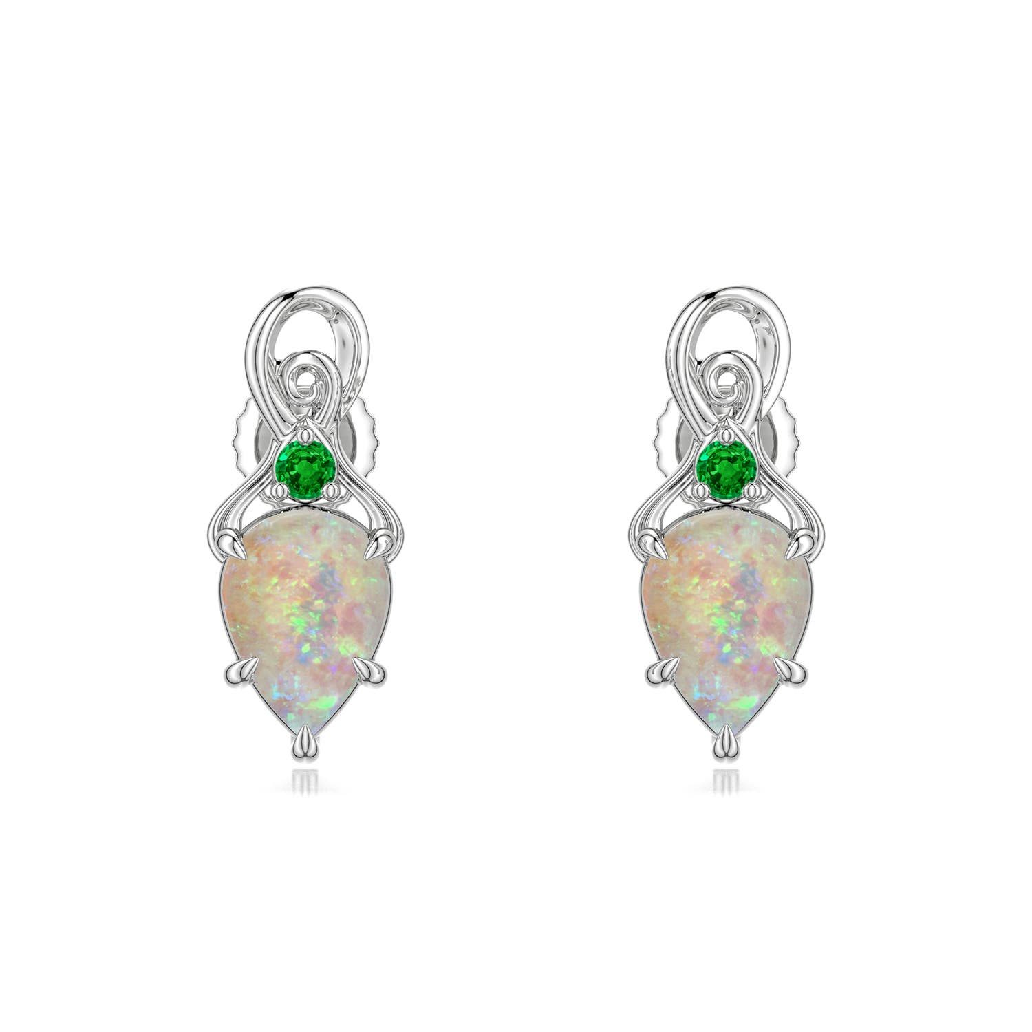 7x5mm AAAA Inverted Pear Opal Swirl Earrings with Emerald Accent in P950 Platinum