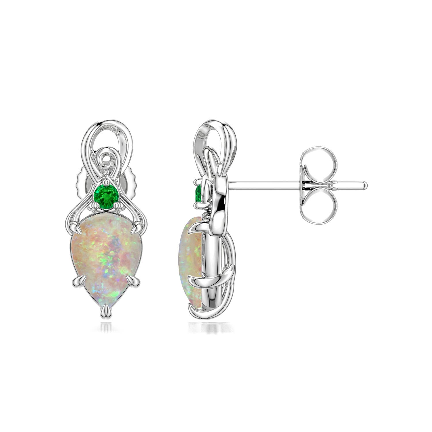 7x5mm AAAA Inverted Pear Opal Swirl Earrings with Emerald Accent in P950 Platinum
