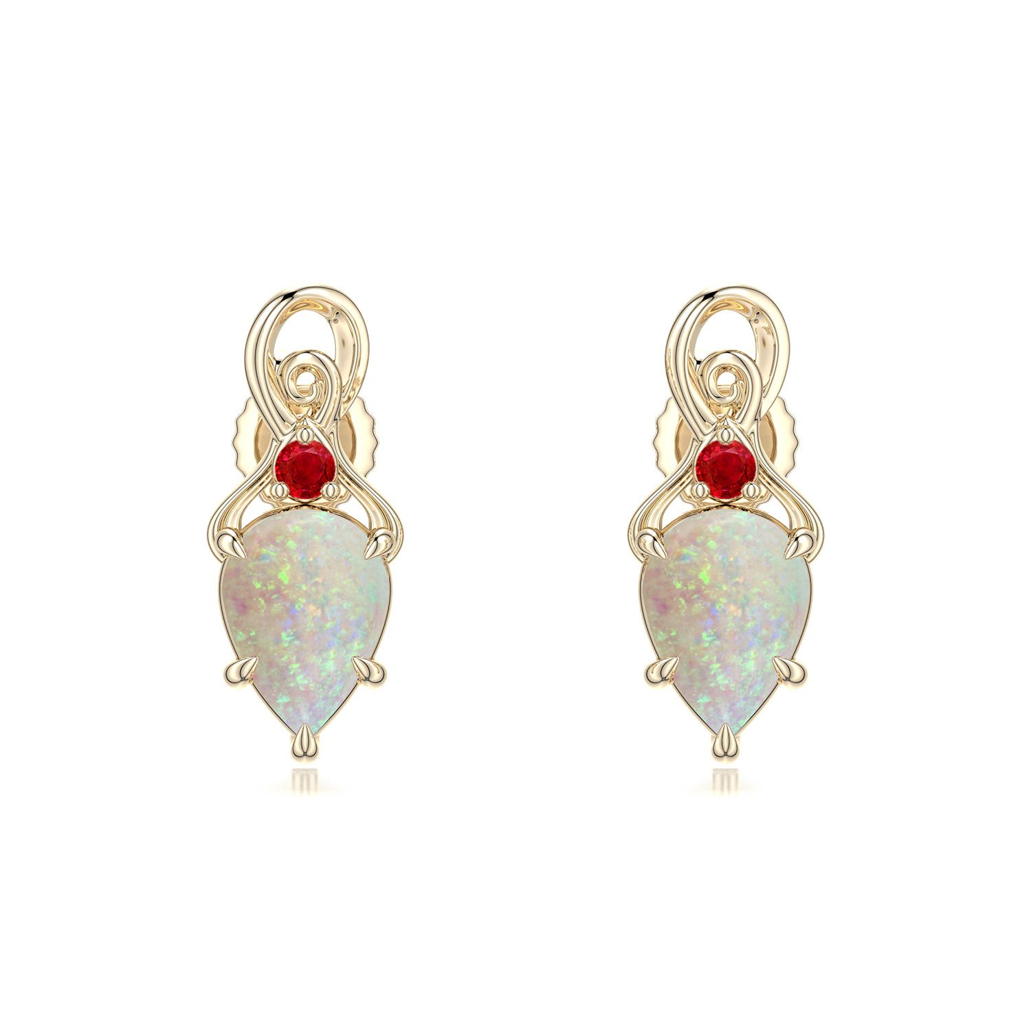 7x5mm AAA Inverted Pear Opal Swirl Earrings with Ruby Accent in Yellow Gold