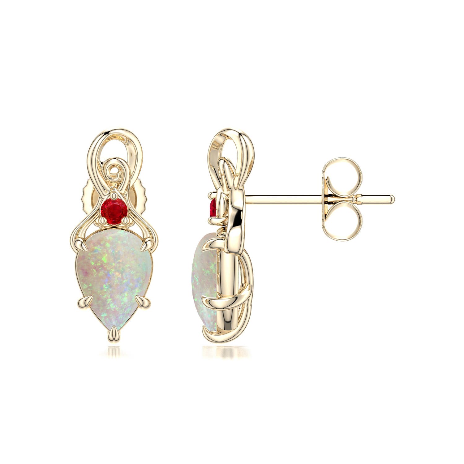 7x5mm AAA Inverted Pear Opal Swirl Earrings with Ruby Accent in Yellow Gold