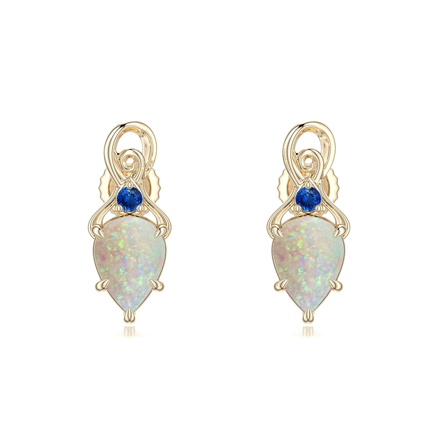 7x5mm AAA Inverted Pear Opal Swirl Earrings with Blue Sapphire Accent in Yellow Gold