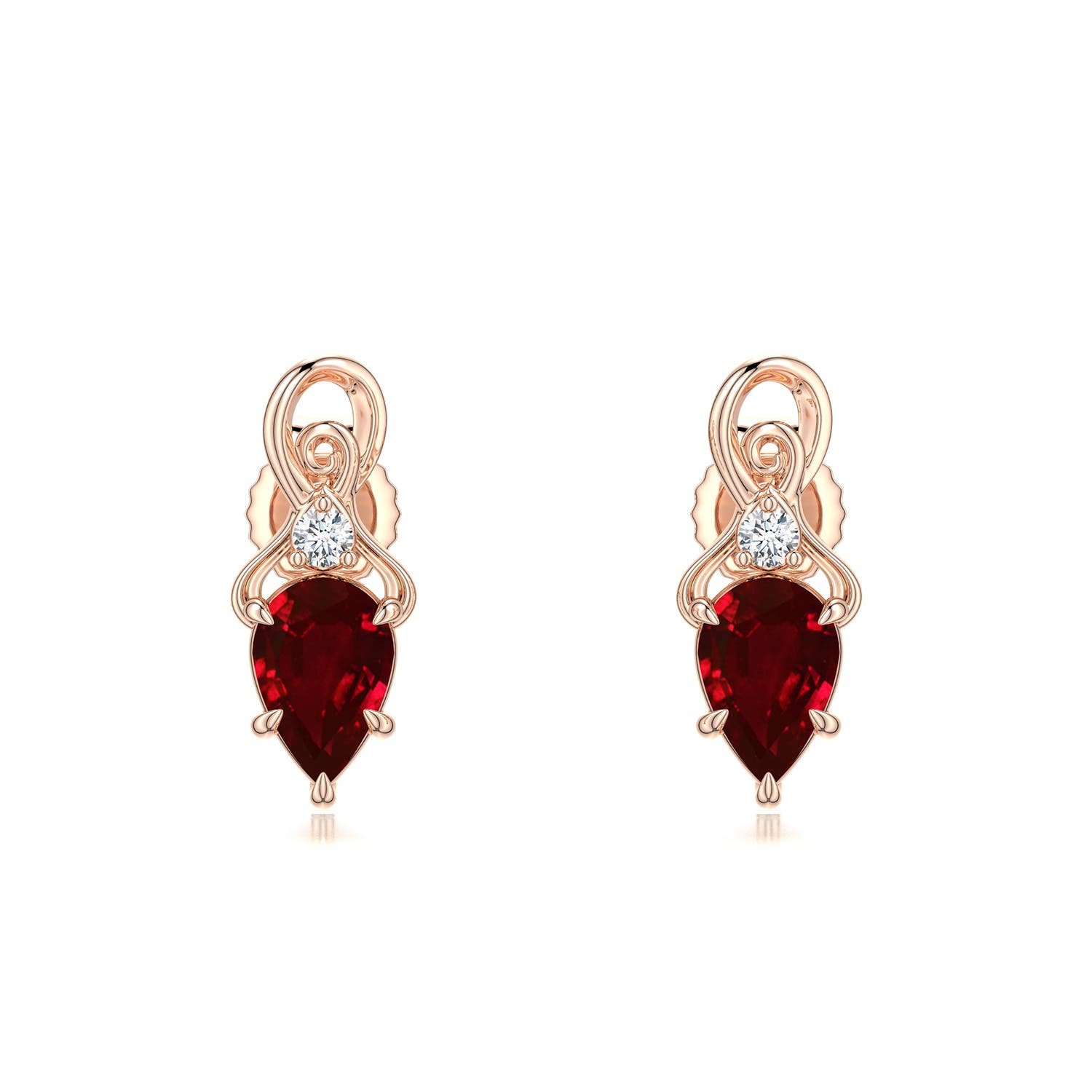 Inverted Color Ruby Inverted Pear Ruby Swirl Earrings with Diamond Accent